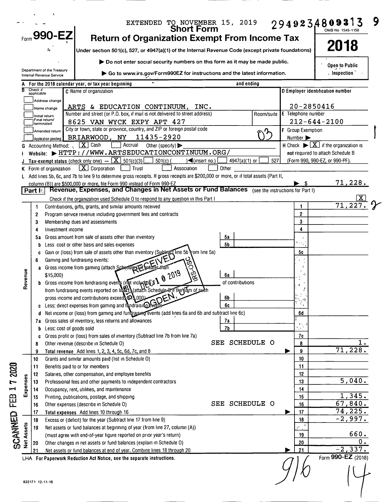 Image of first page of 2018 Form 990EZ for Arts and Education Continuum