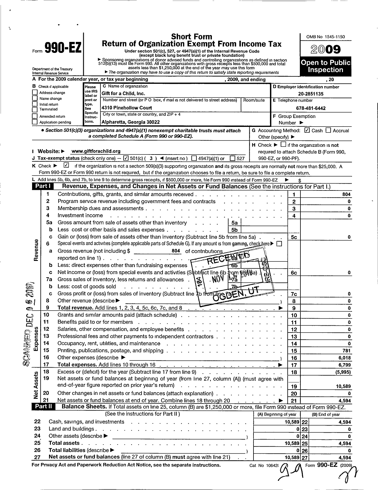 Image of first page of 2009 Form 990EZ for Gift For A Child