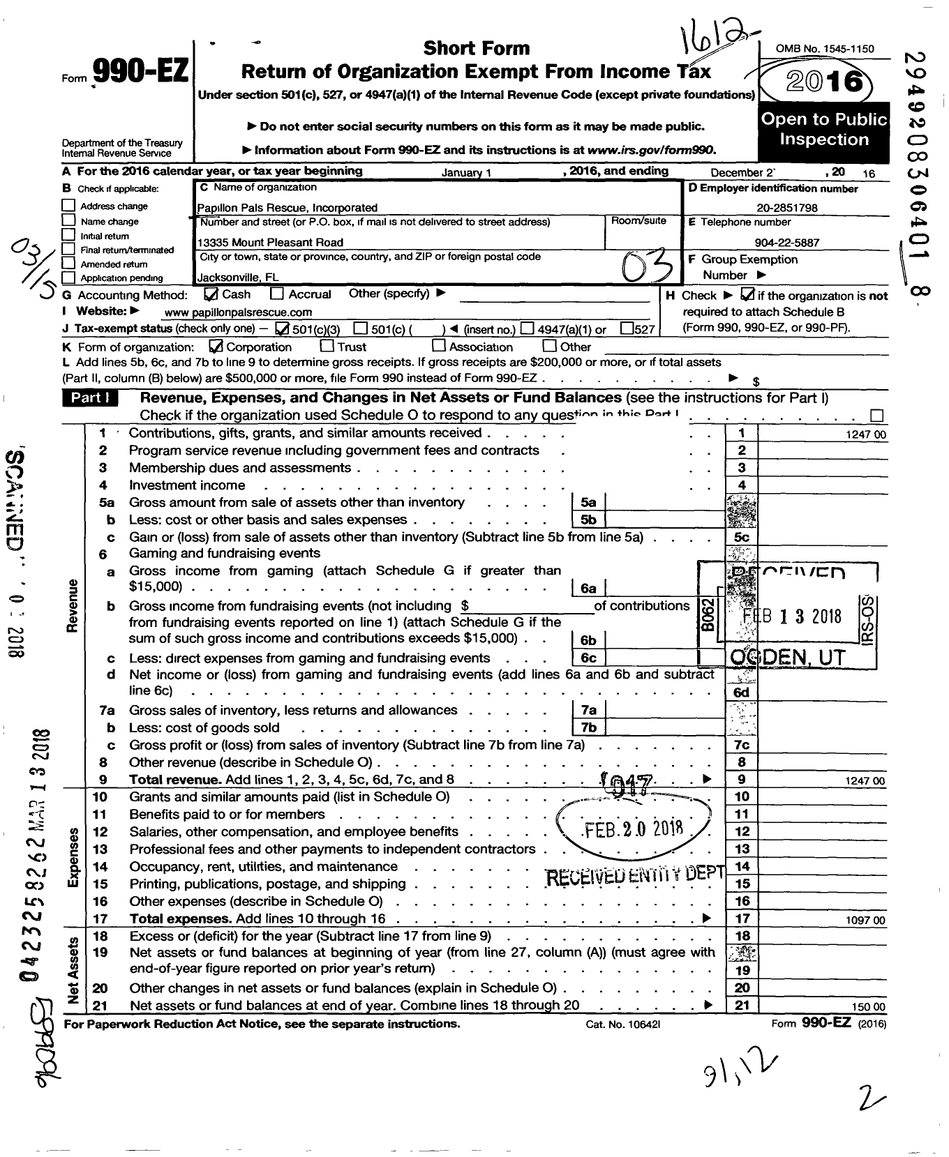 Image of first page of 2016 Form 990EZ for Papillon Pals Rescue