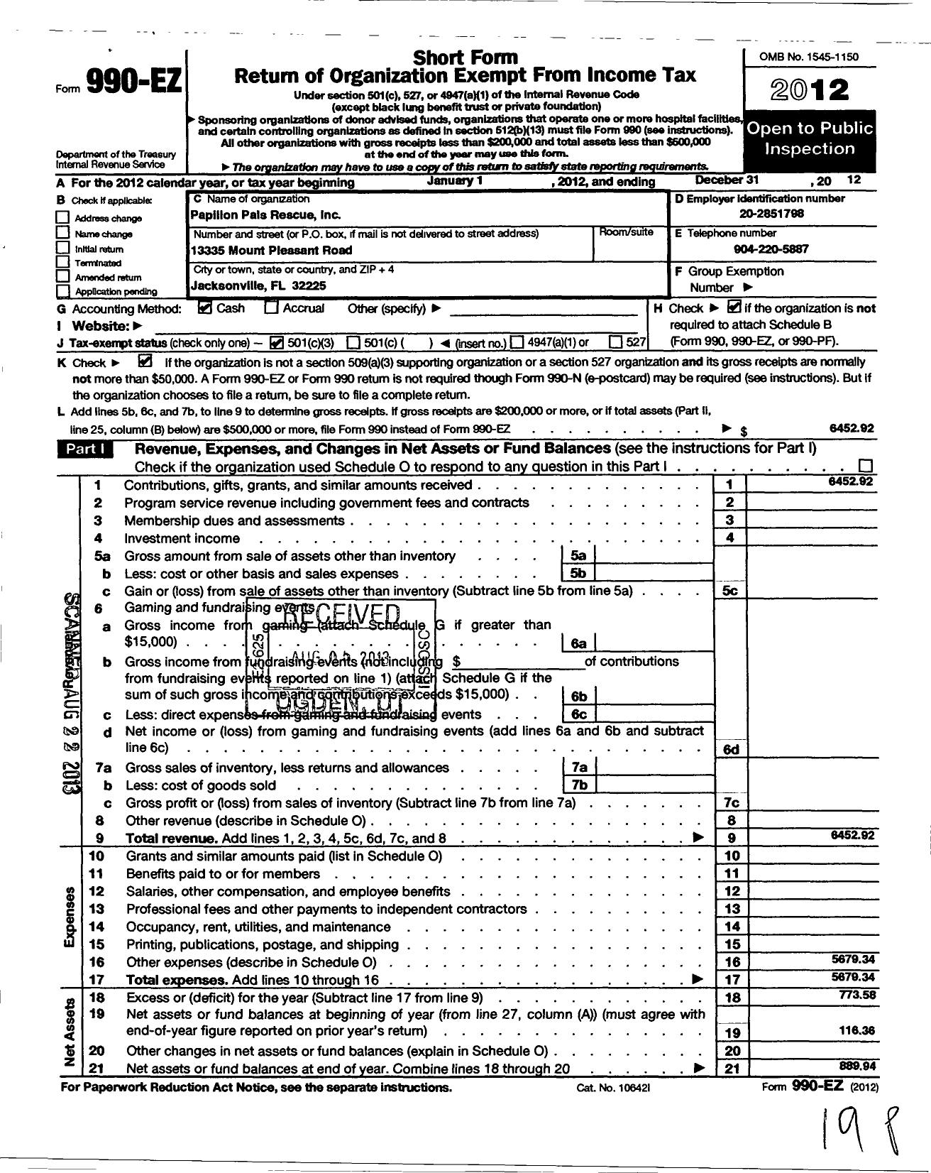 Image of first page of 2012 Form 990EZ for Papillon Pals Rescue