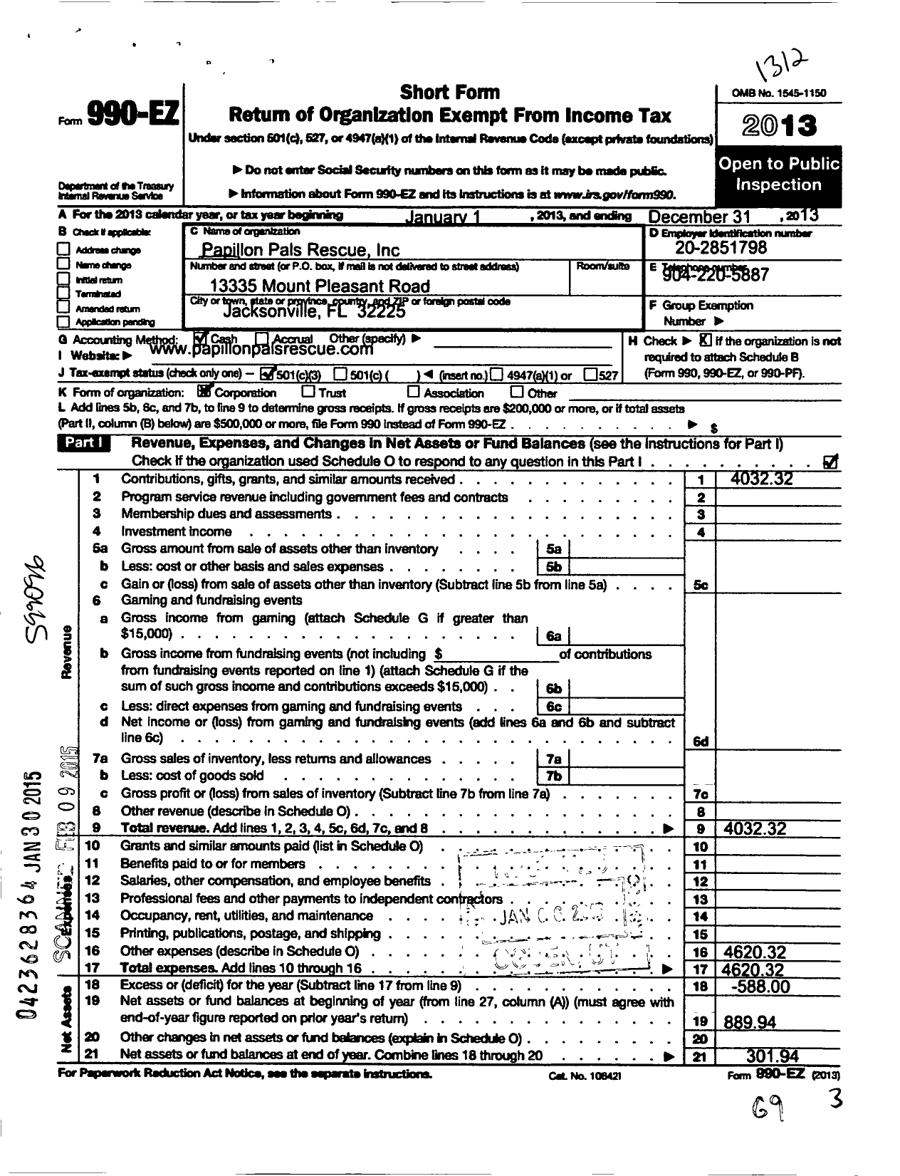 Image of first page of 2013 Form 990EZ for Papillon Pals Rescue