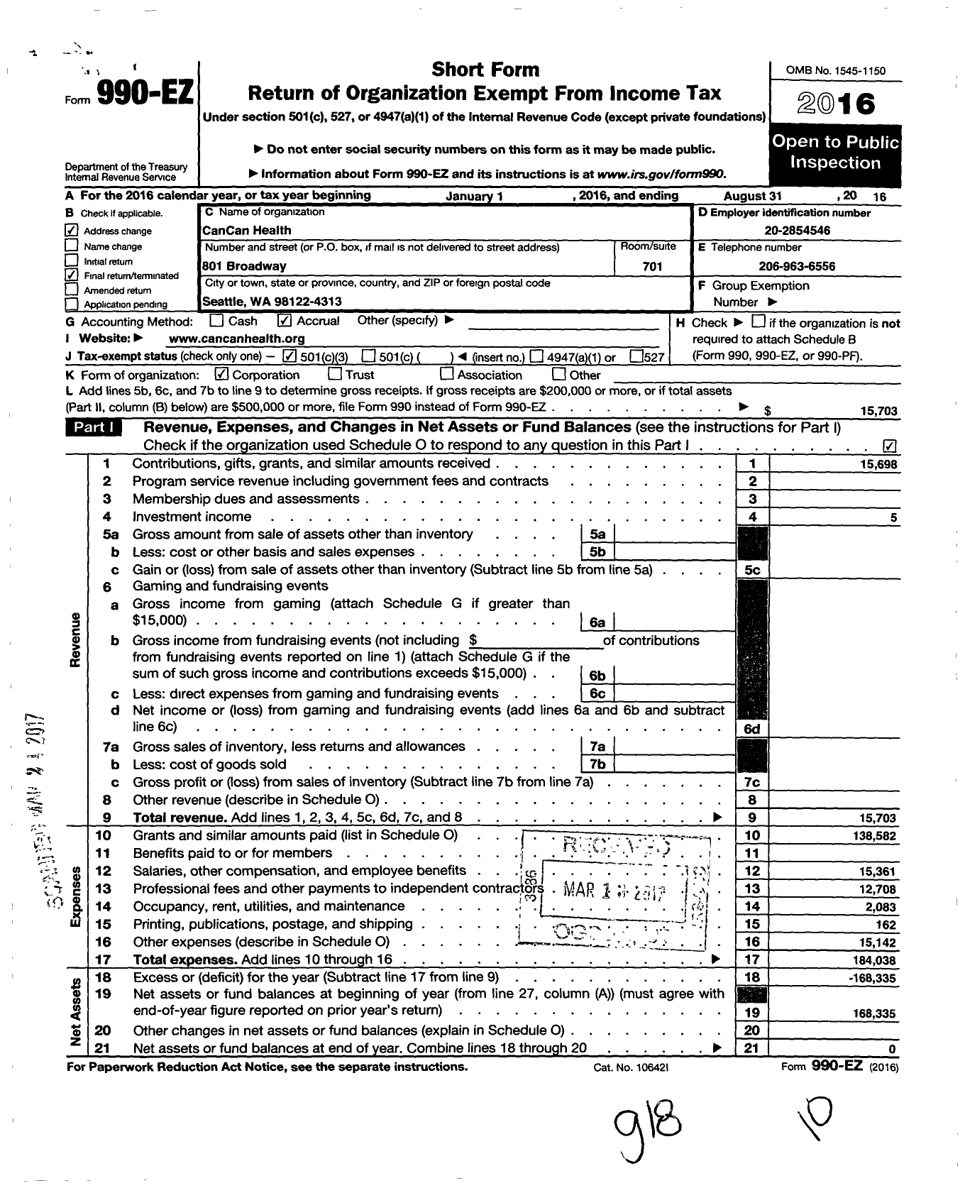 Image of first page of 2015 Form 990EZ for Cancan Health