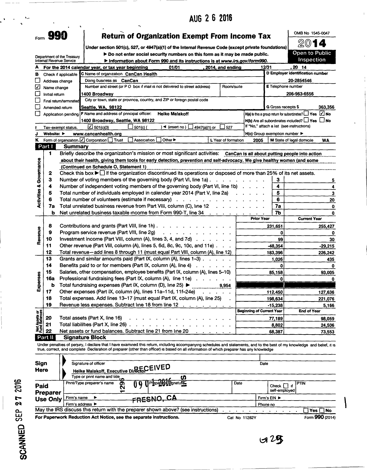 Image of first page of 2014 Form 990 for Cancan Health