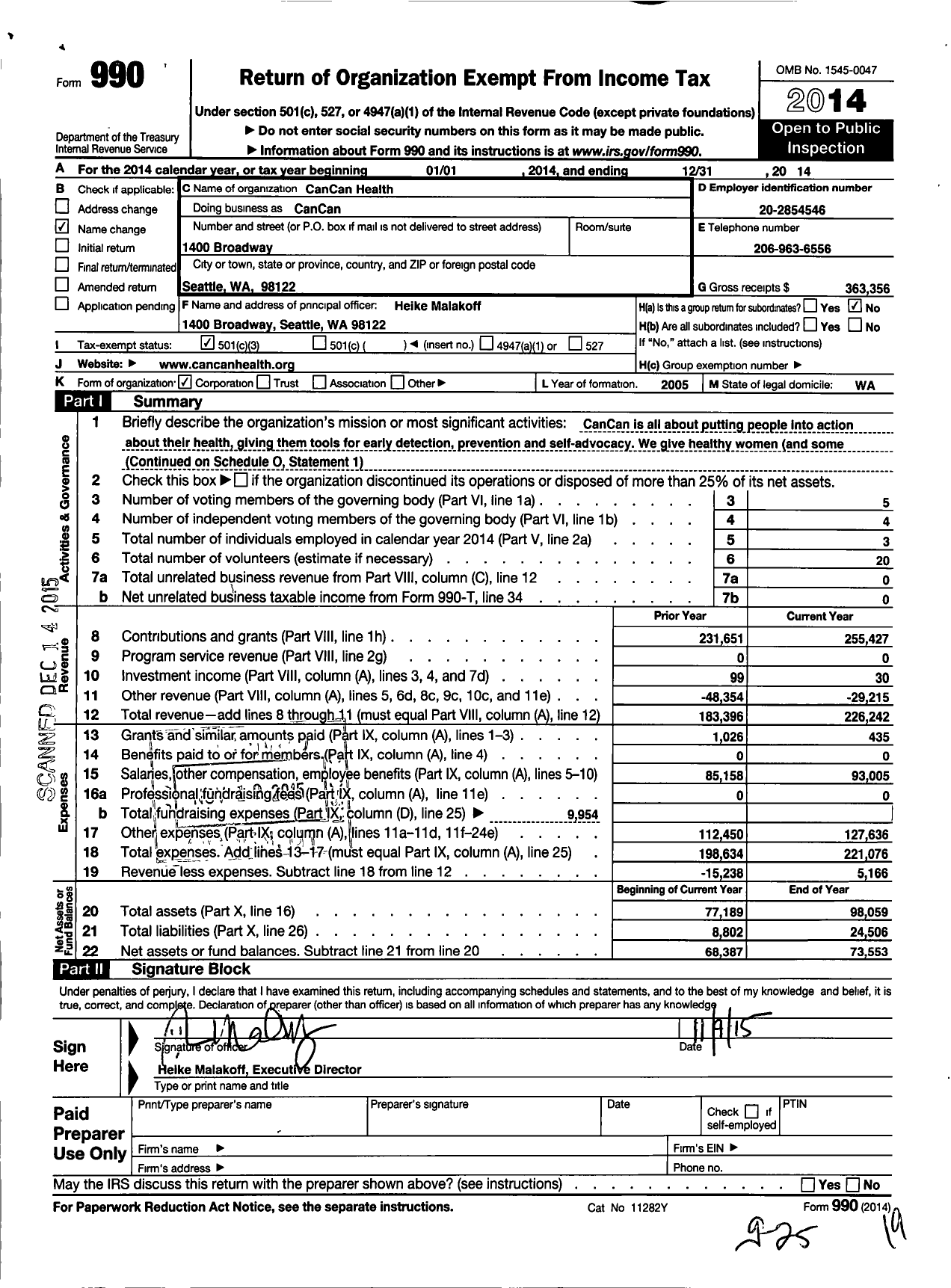 Image of first page of 2014 Form 990 for Cancan Health