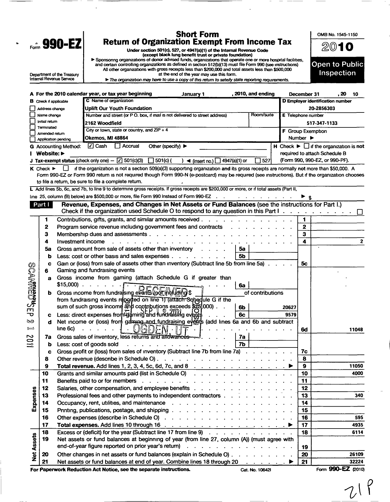 Image of first page of 2010 Form 990EZ for Uplift Our Youth Fund