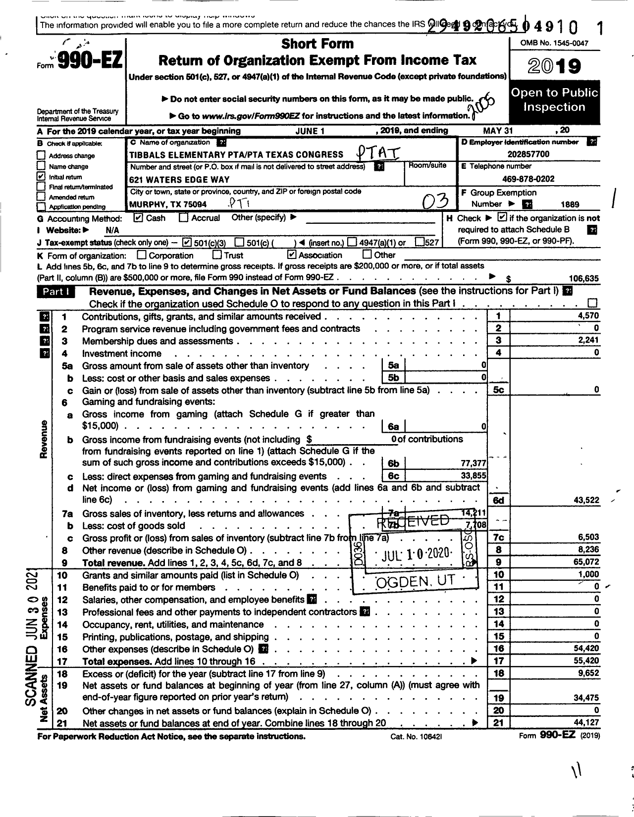 Image of first page of 2019 Form 990EZ for TEXAS PTA - Tibbals Elementary