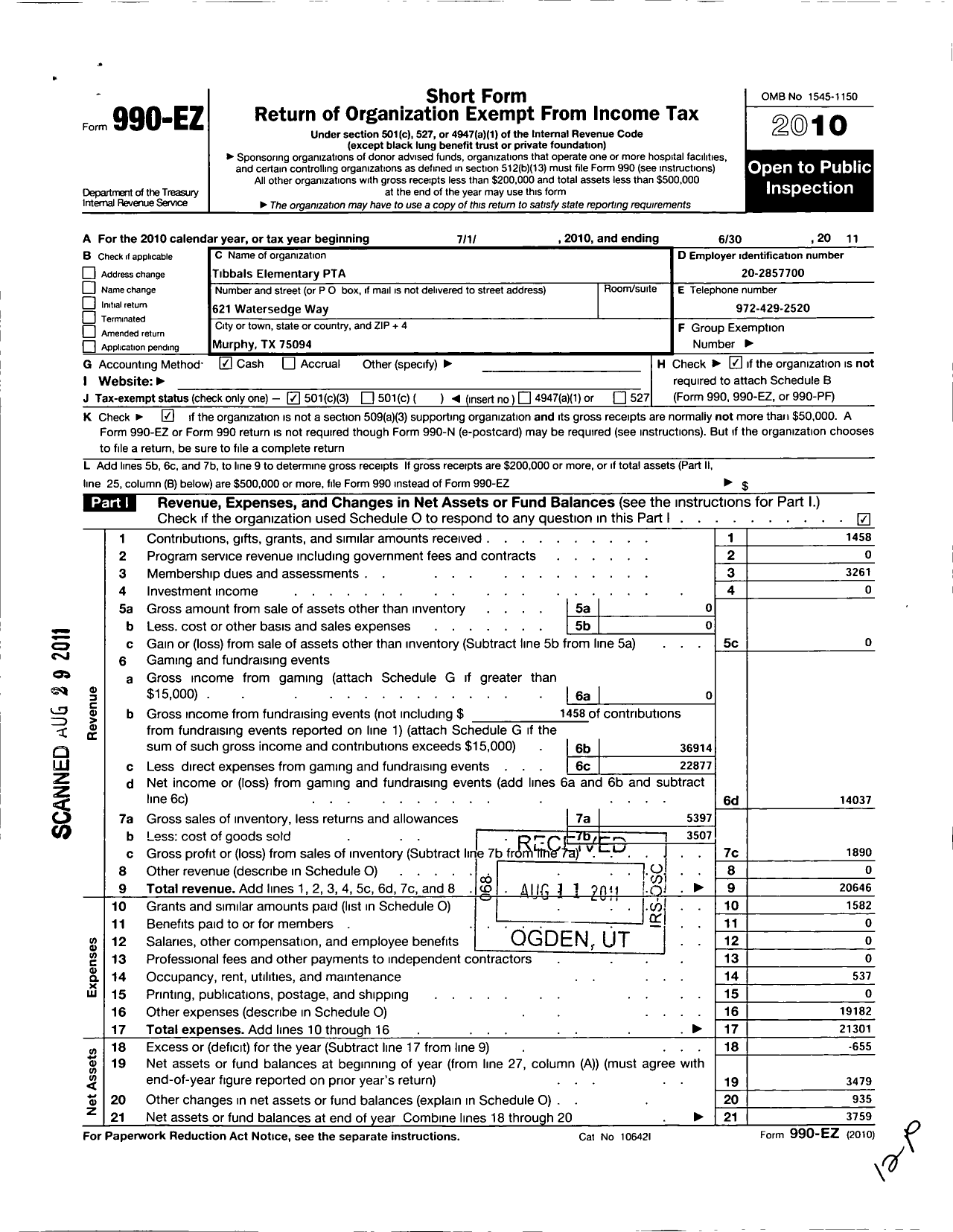 Image of first page of 2010 Form 990EZ for TEXAS PTA - Tibbals Elementary