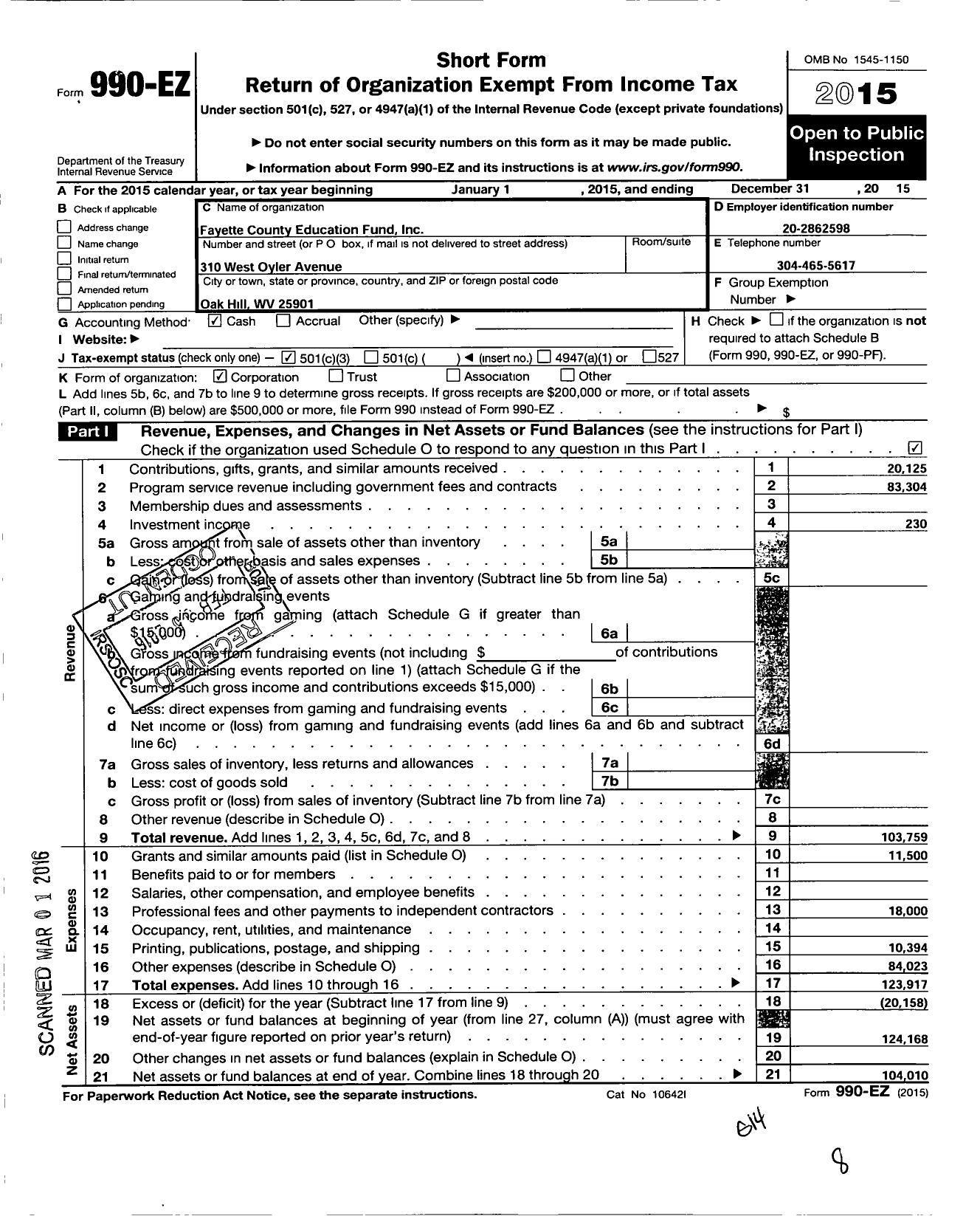 Image of first page of 2015 Form 990EZ for Fayette County Education Fund