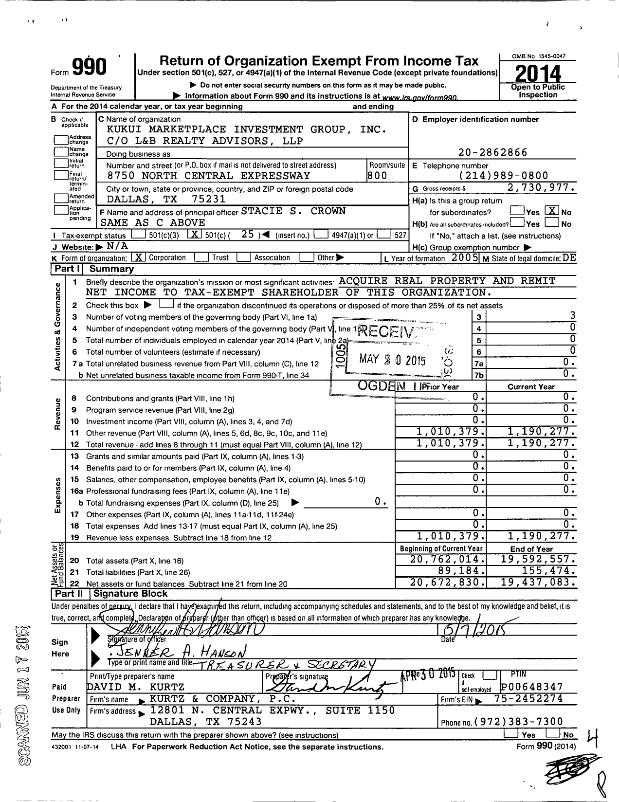 Image of first page of 2014 Form 990O for Kukui Marketplace Investment Group