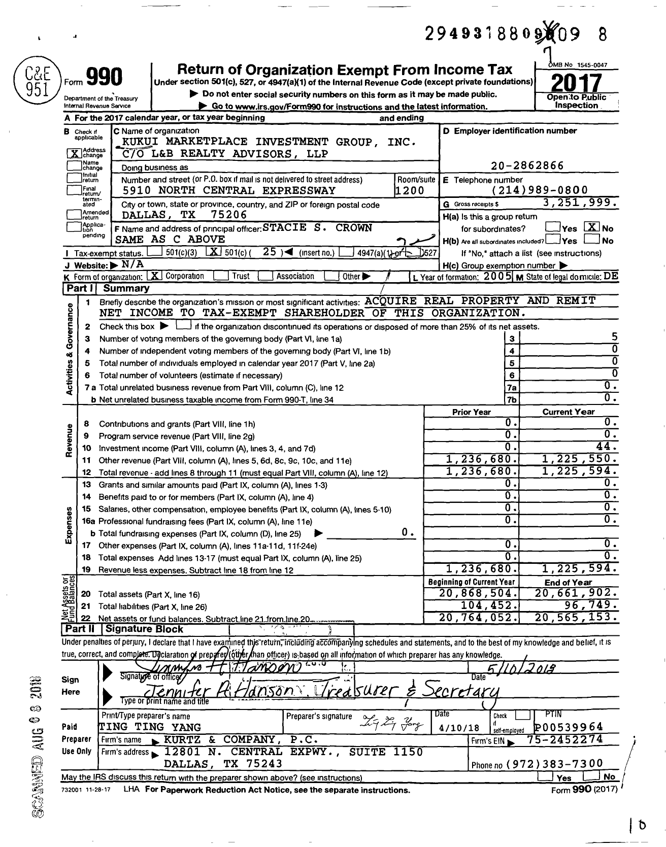 Image of first page of 2017 Form 990O for Kukui Marketplace Investment Group