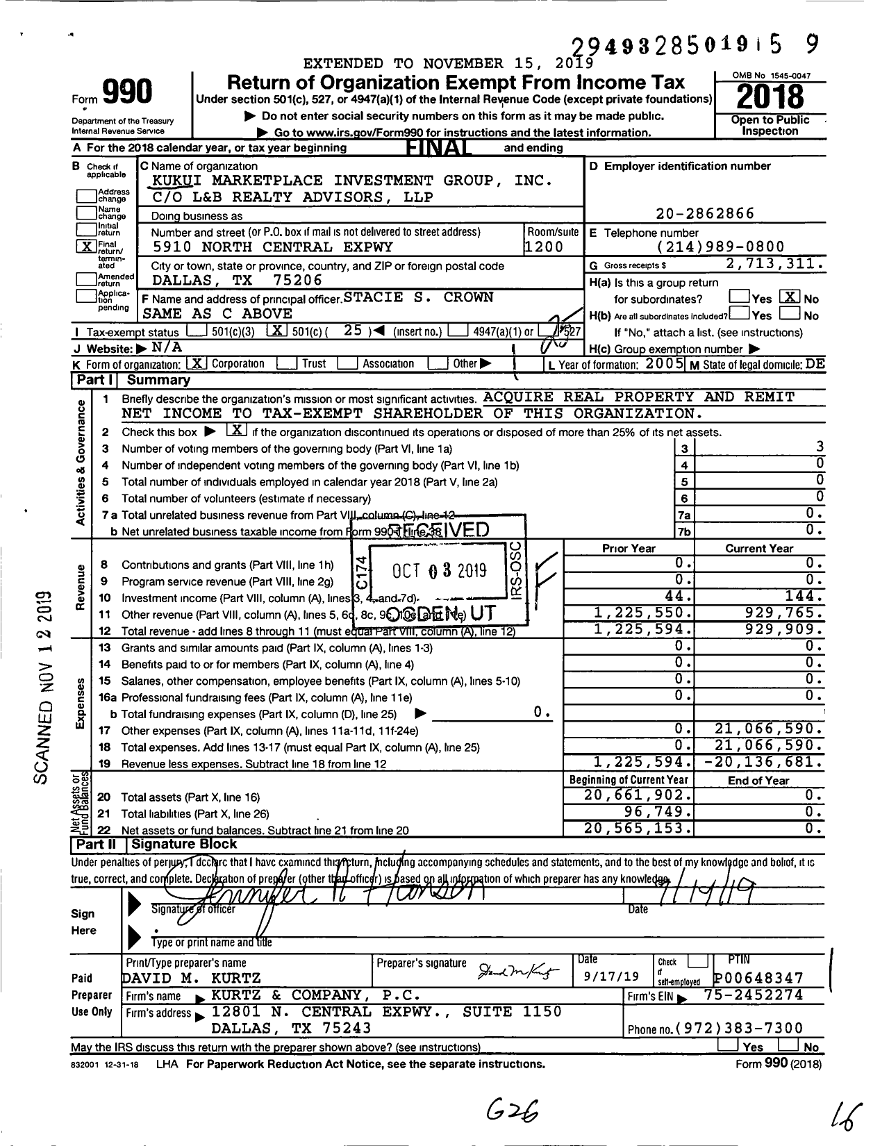 Image of first page of 2018 Form 990O for Kukui Marketplace Investment Group