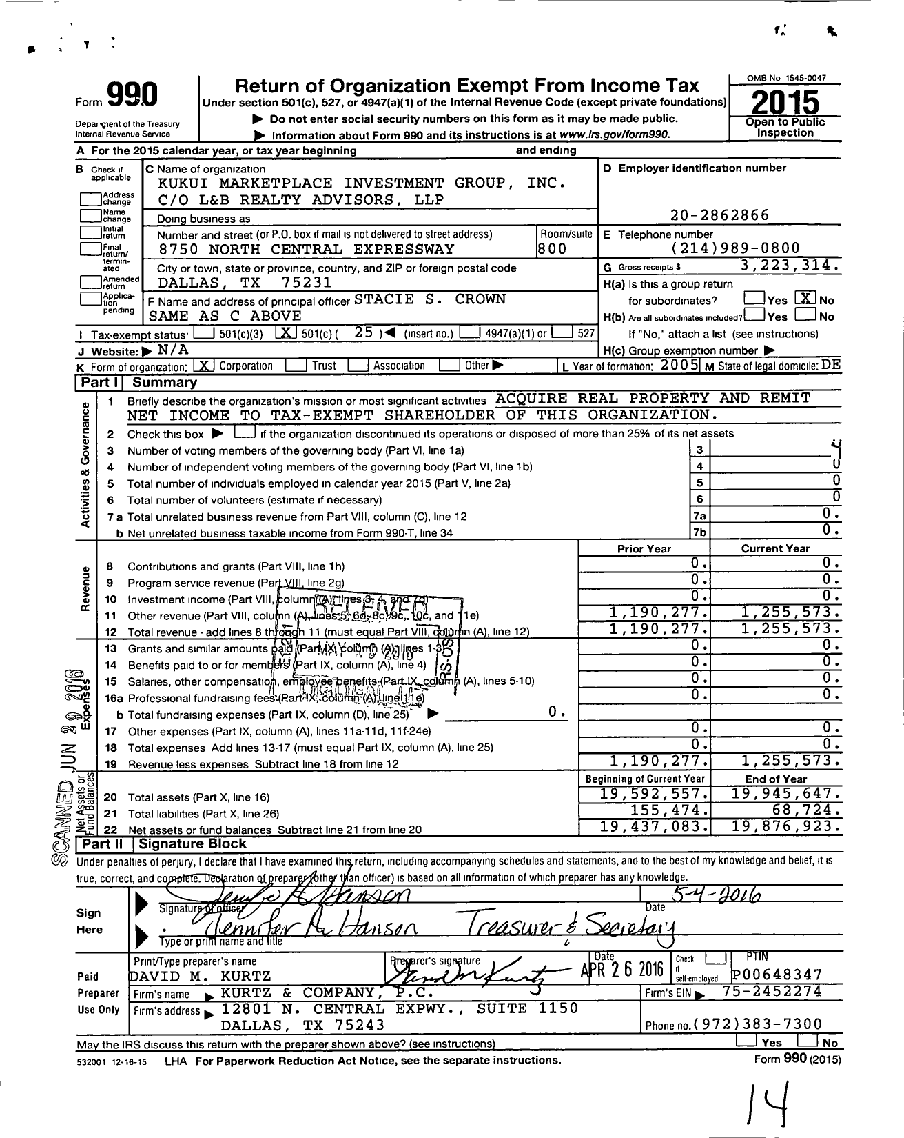 Image of first page of 2015 Form 990O for Kukui Marketplace Investment Group