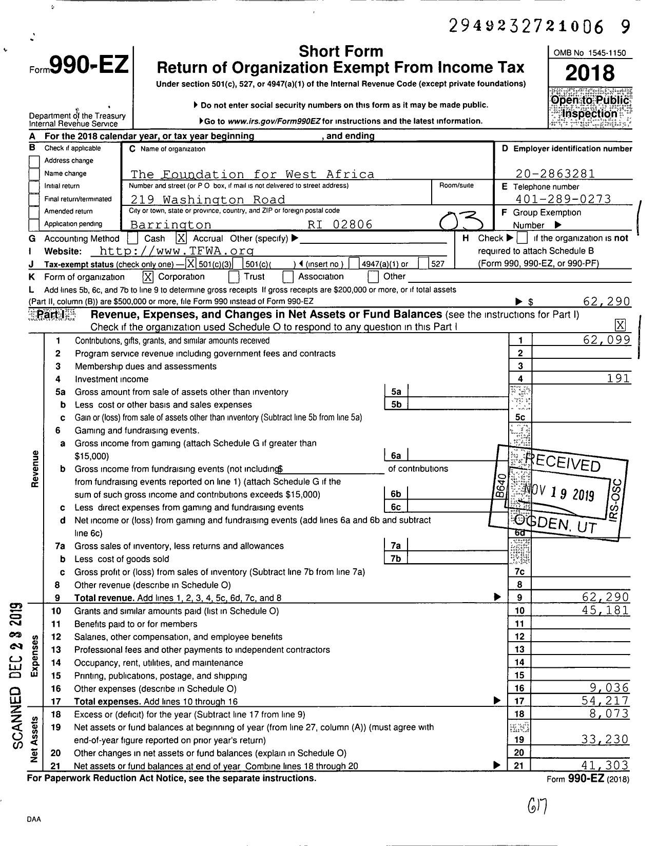 Image of first page of 2018 Form 990EZ for The Foundation for West Africa