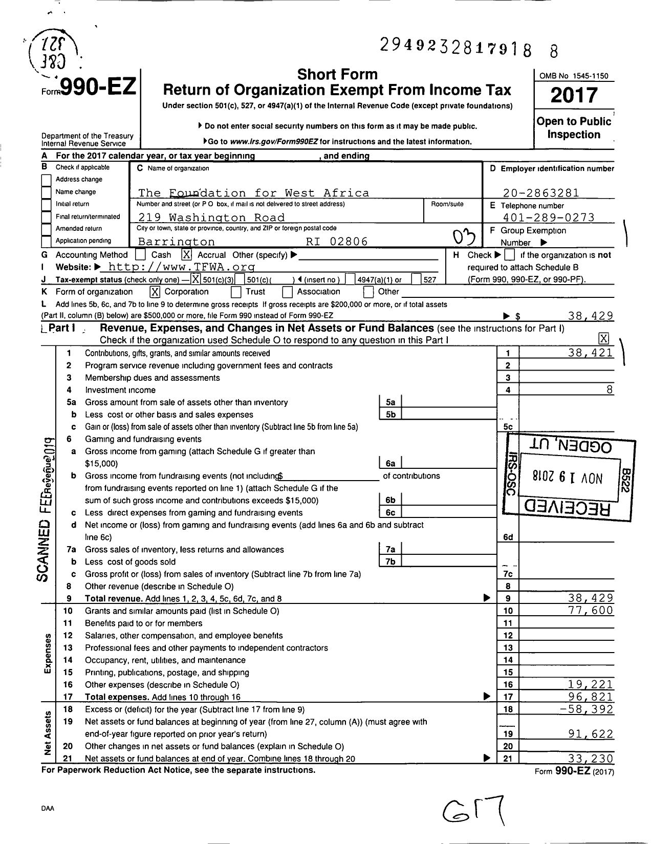 Image of first page of 2017 Form 990EZ for The Foundation for West Africa