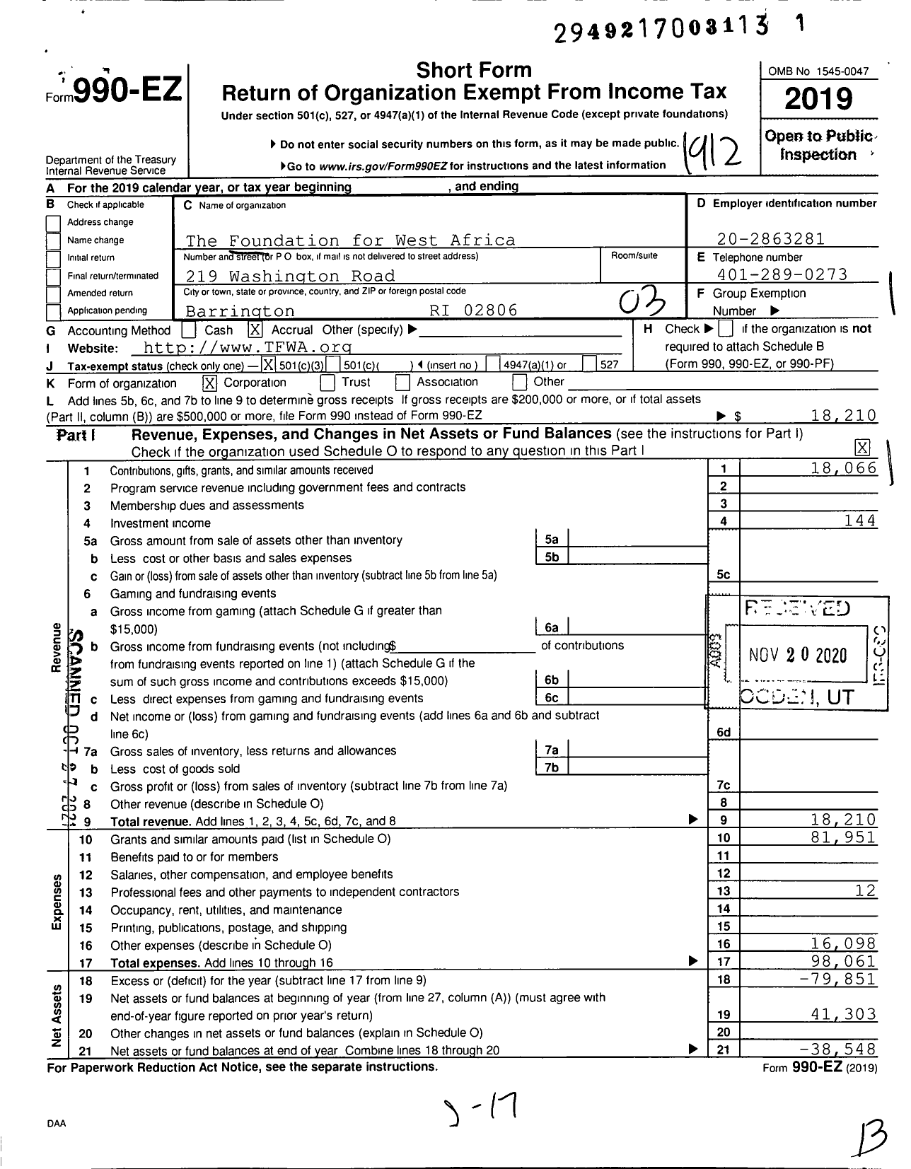 Image of first page of 2019 Form 990EZ for The Foundation for West Africa