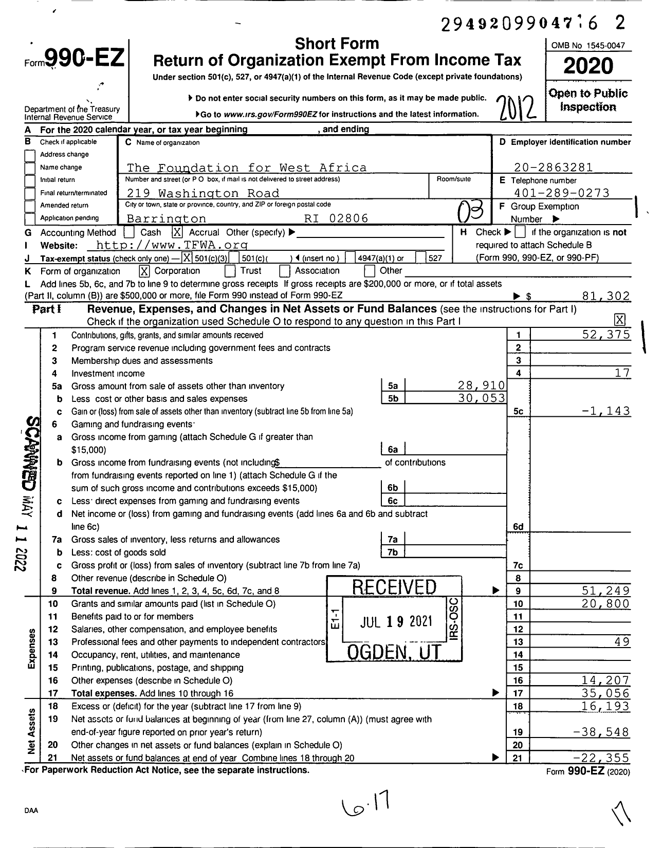 Image of first page of 2020 Form 990EZ for The Foundation for West Africa