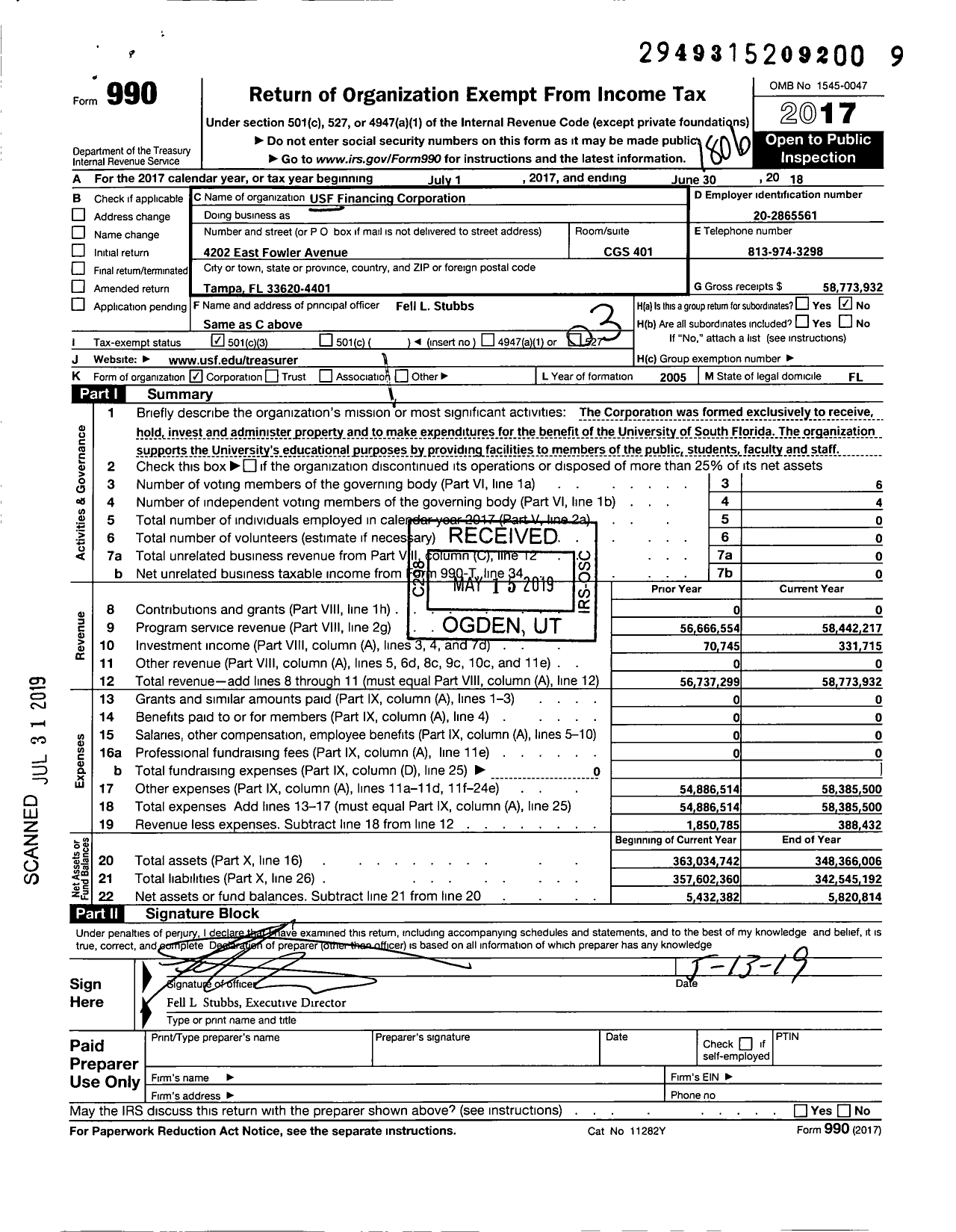 Image of first page of 2017 Form 990 for USF Financing Corporation