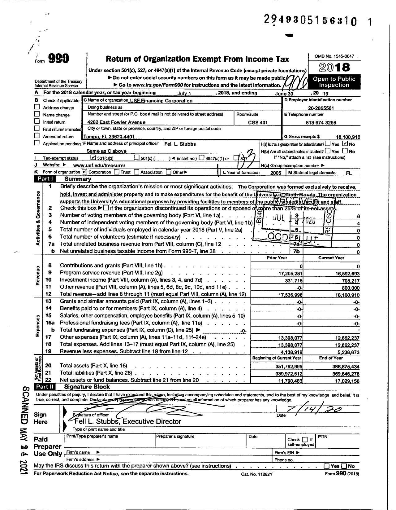 Image of first page of 2018 Form 990 for USF Financing Corporation