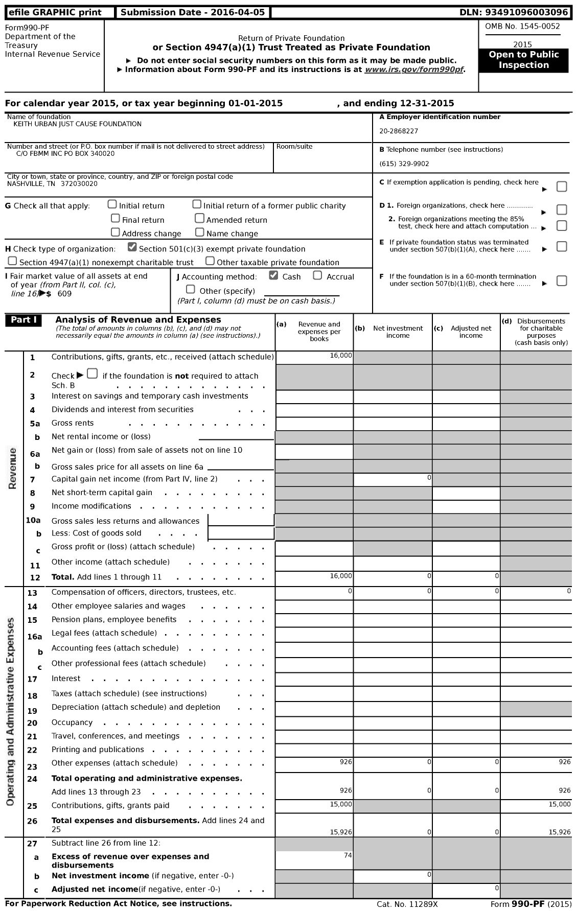 Image of first page of 2015 Form 990PF for Keith Urban Just Cause Foundation