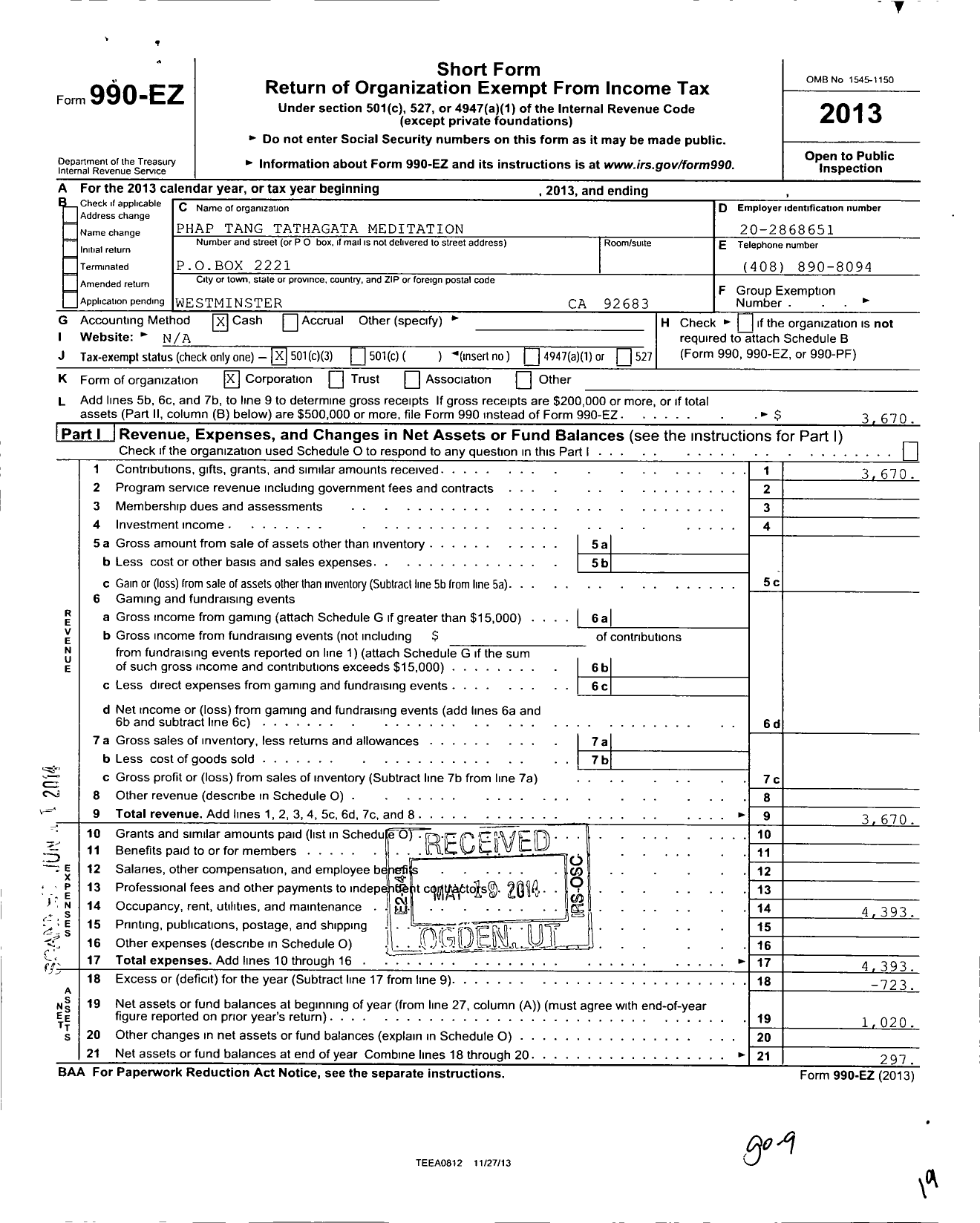 Image of first page of 2013 Form 990EZ for Phap Tang Tathagata Meditation