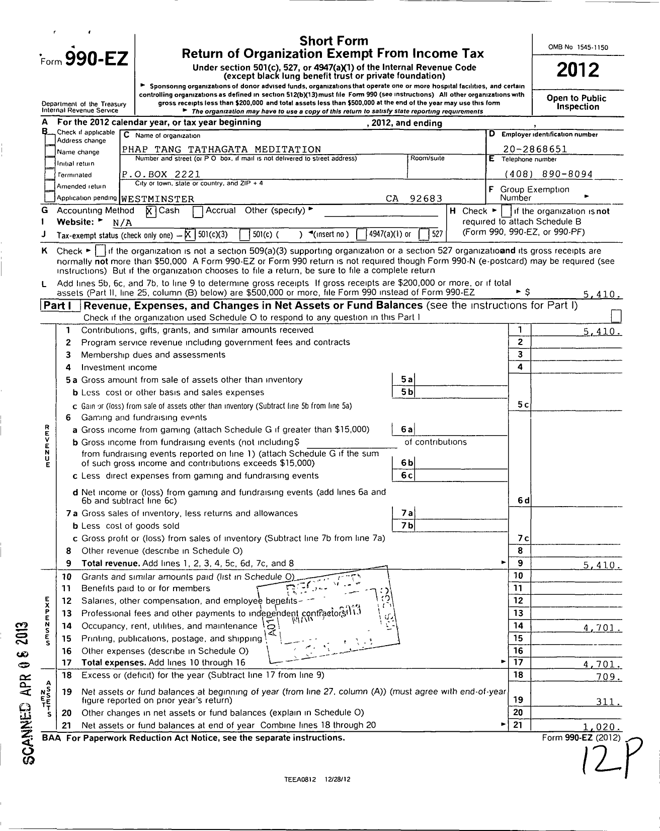 Image of first page of 2012 Form 990EZ for Phap Tang Tathagata Meditation