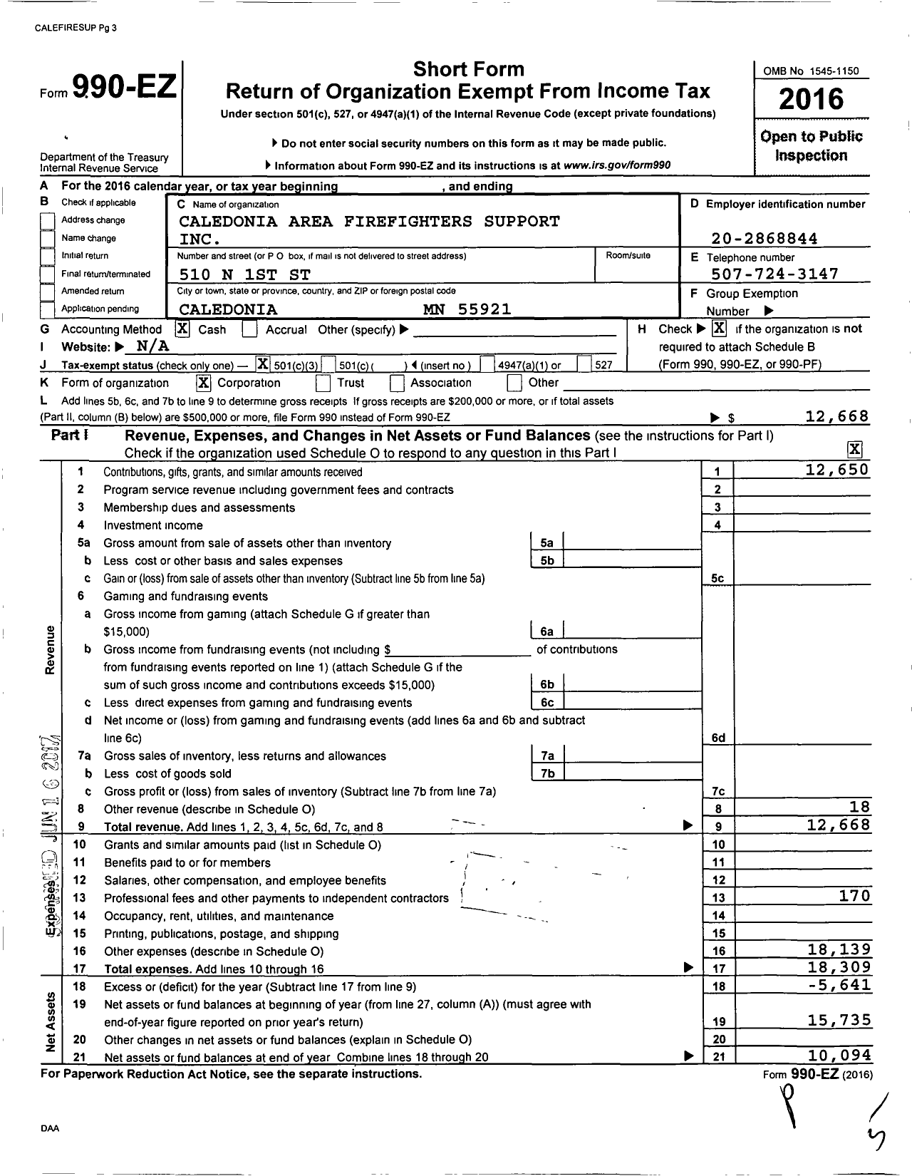 Image of first page of 2016 Form 990EZ for Caledonia Area Firefighters Support