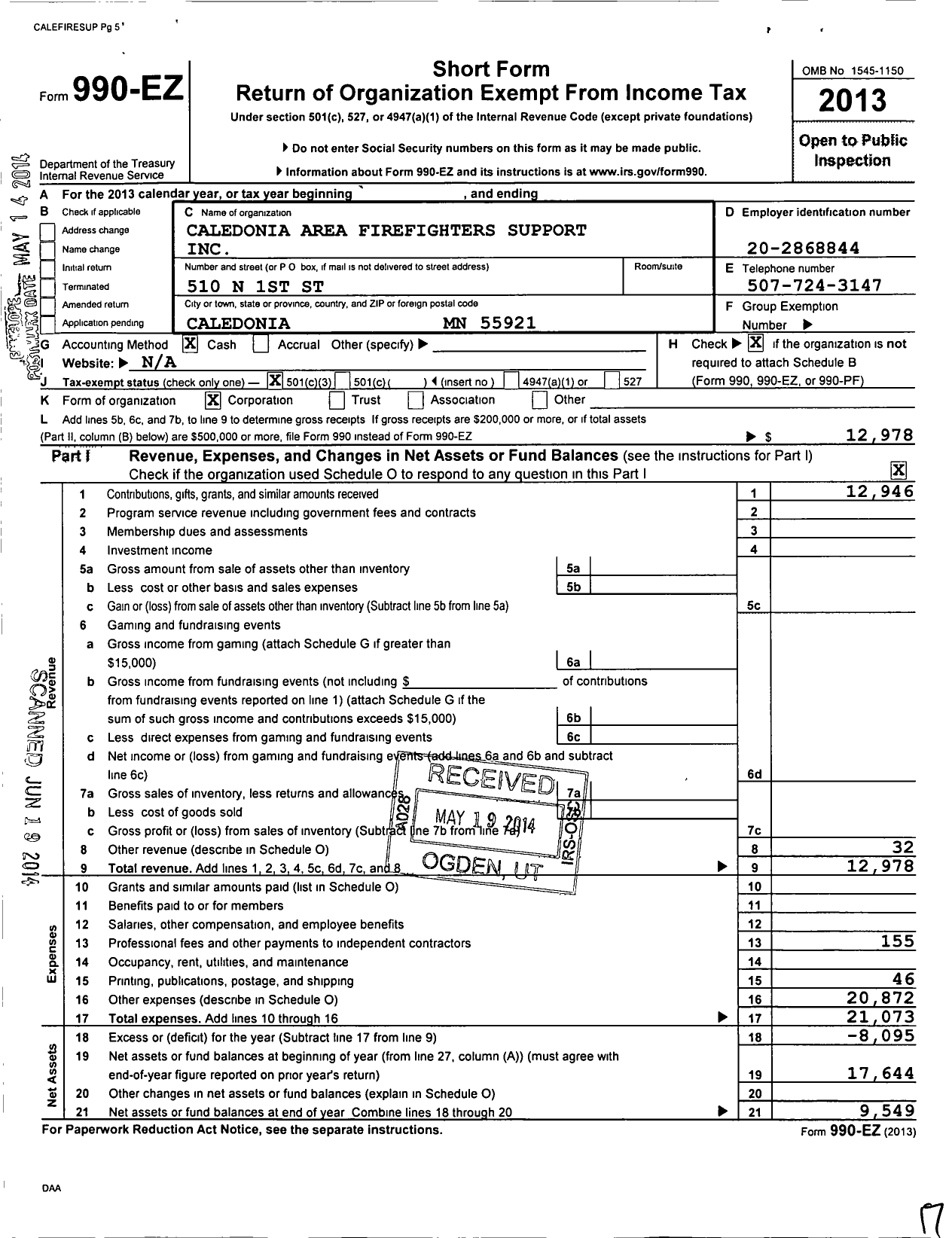 Image of first page of 2013 Form 990EZ for Caledonia Area Firefighters Support