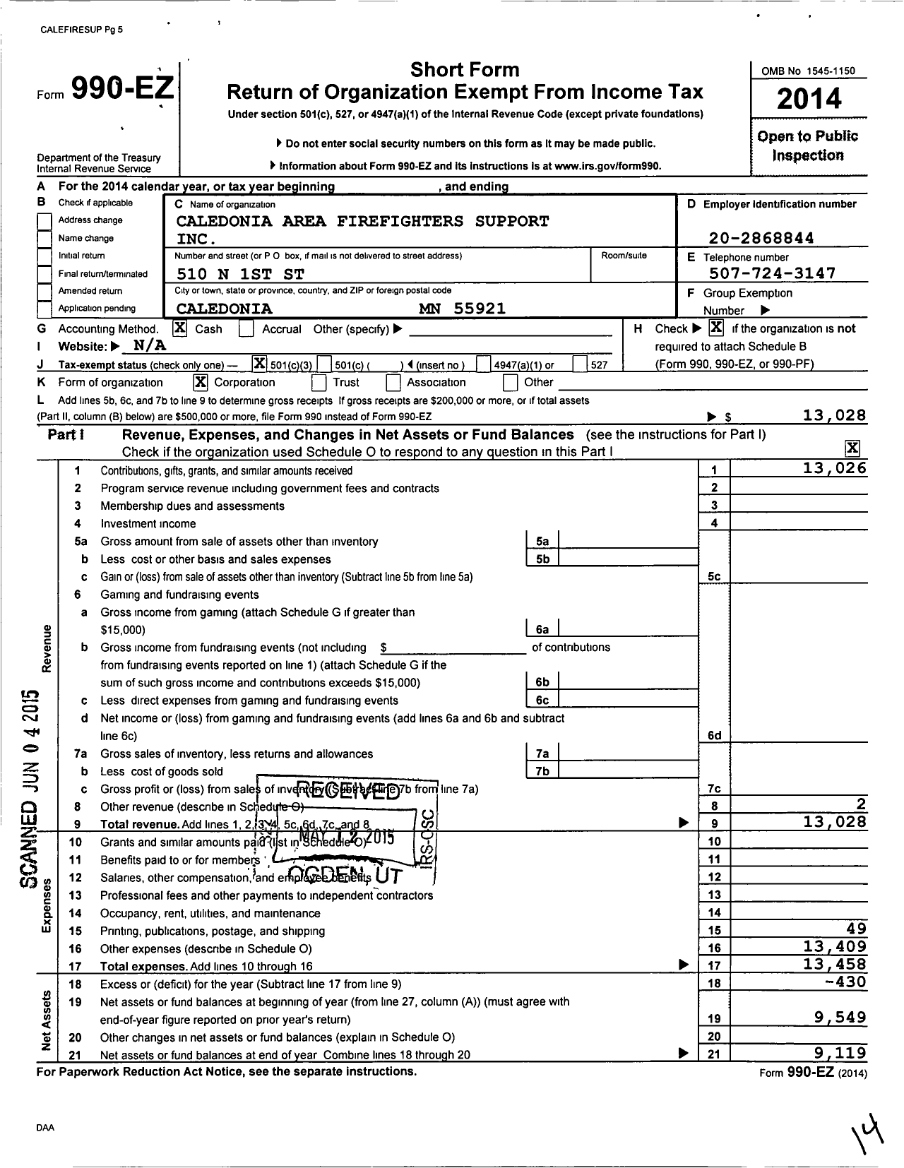 Image of first page of 2014 Form 990EZ for Caledonia Area Firefighters Support