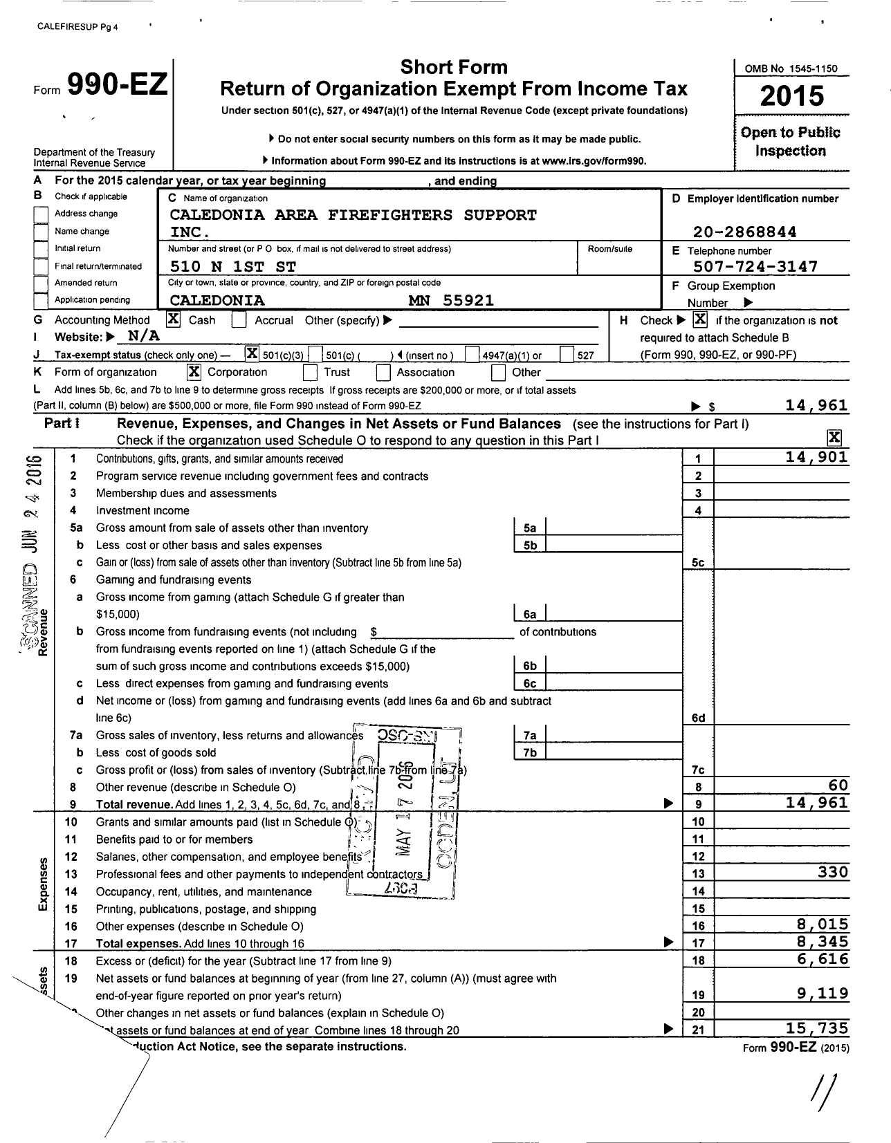 Image of first page of 2015 Form 990EZ for Caledonia Area Firefighters Support