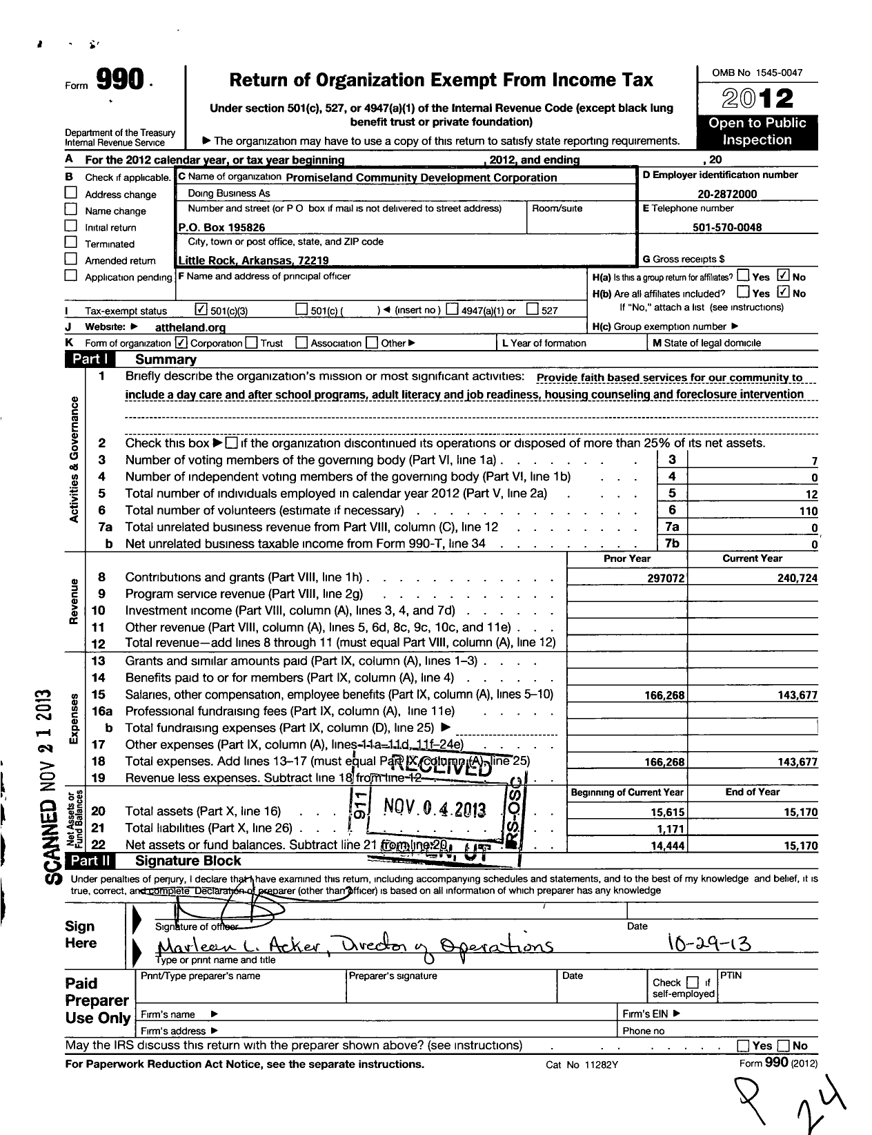 Image of first page of 2012 Form 990 for Promiseland Community Development Corporation