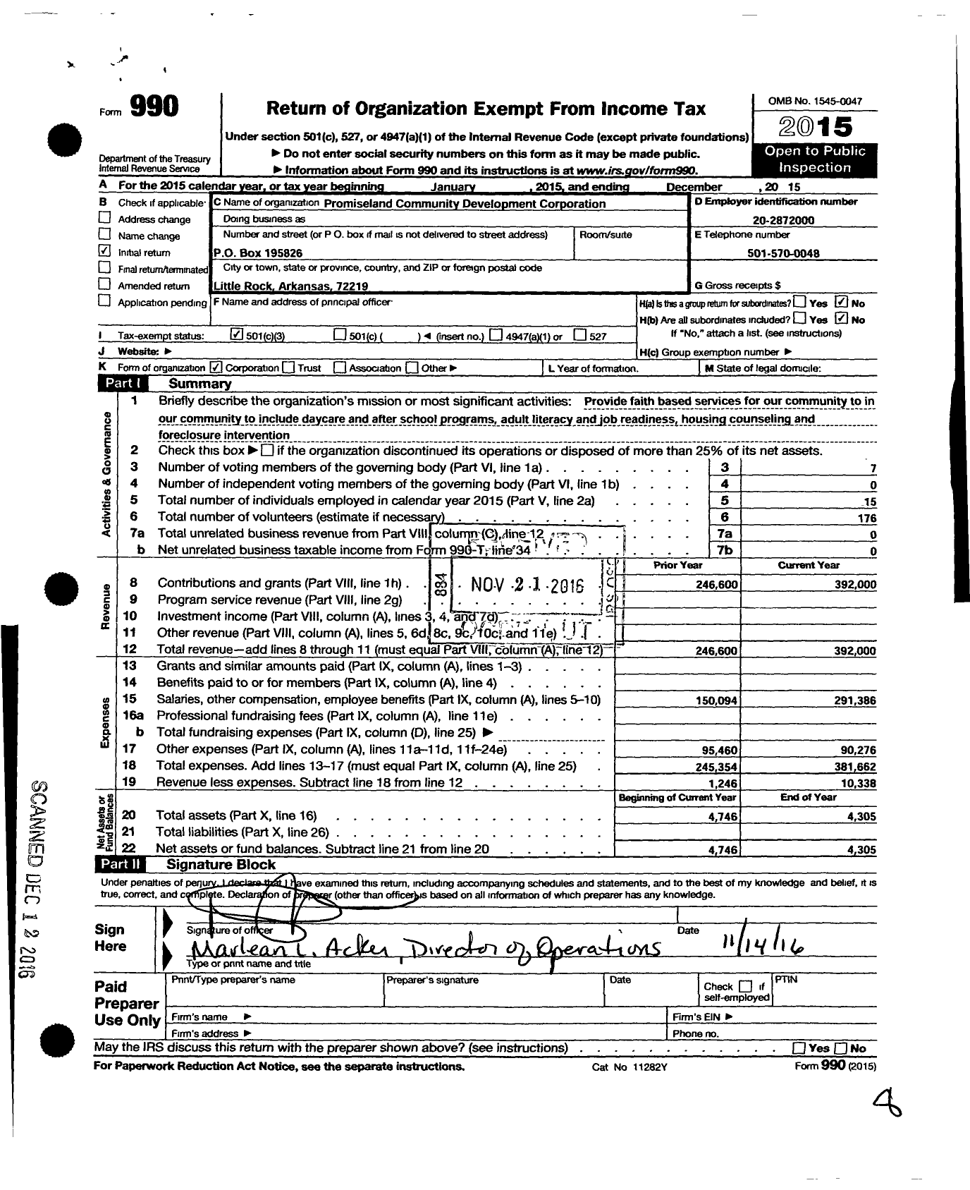 Image of first page of 2015 Form 990 for Promiseland Community Development Corporation