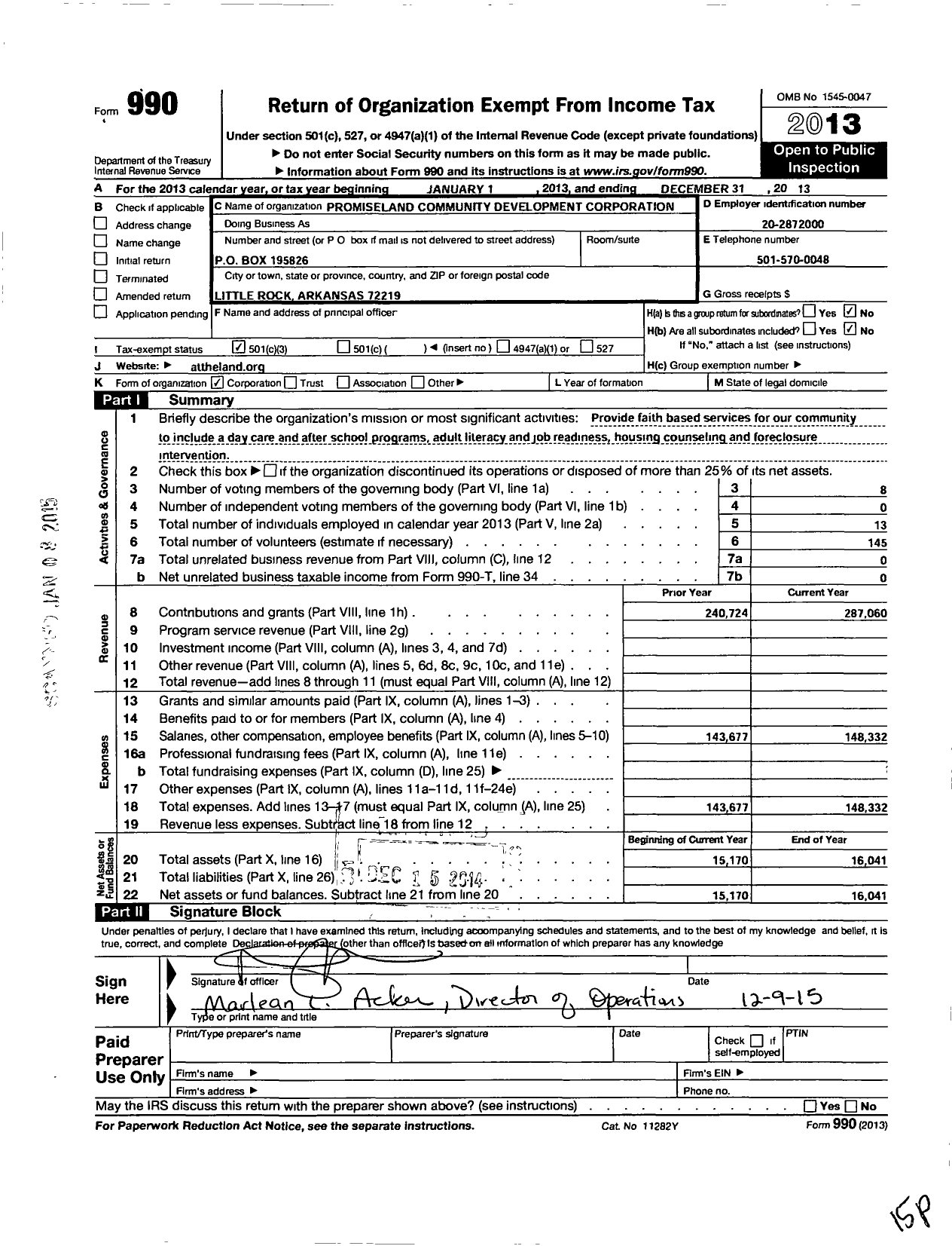 Image of first page of 2013 Form 990 for Promiseland Community Development Corporation