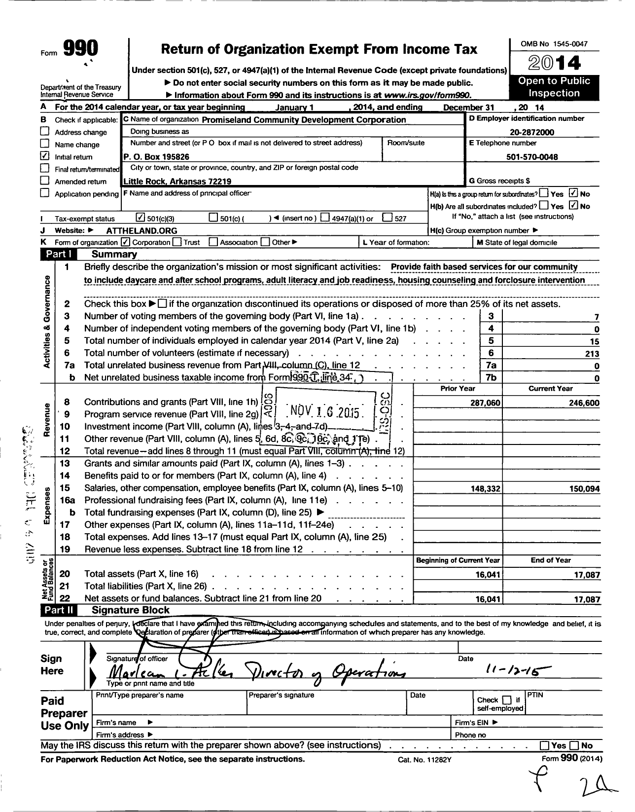 Image of first page of 2014 Form 990 for Promiseland Community Development Corporation