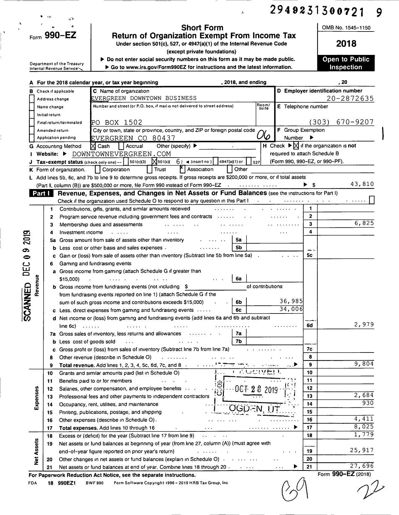 Image of first page of 2018 Form 990EO for Evergreen Downtown Business Association