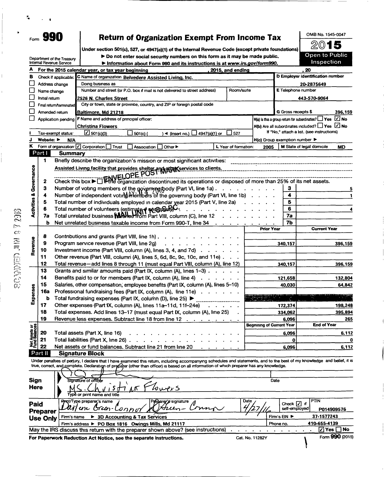 Image of first page of 2015 Form 990 for Belvedere Assisted Living