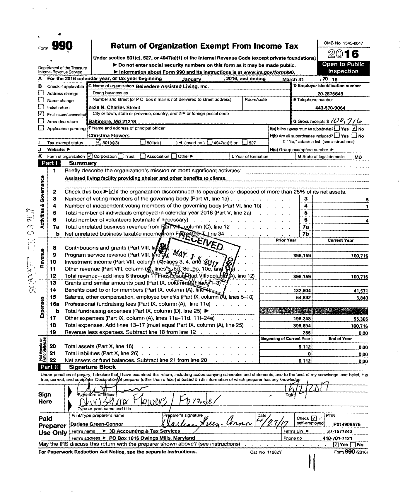 Image of first page of 2015 Form 990 for Belvedere Assisted Living