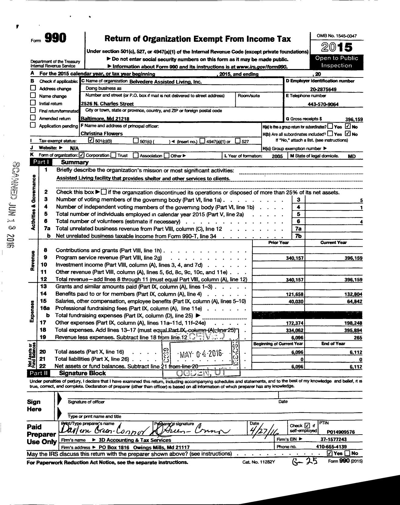 Image of first page of 2015 Form 990 for Belvedere Assisted Living