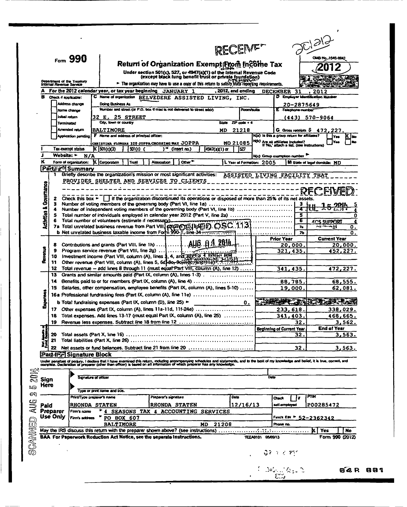 Image of first page of 2012 Form 990 for Belvedere Assisted Living