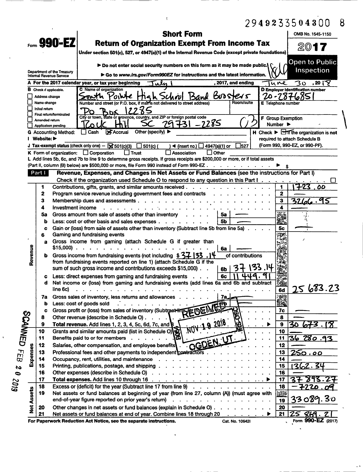 Image of first page of 2017 Form 990EZ for South Pointe High School Band Boosters Organization