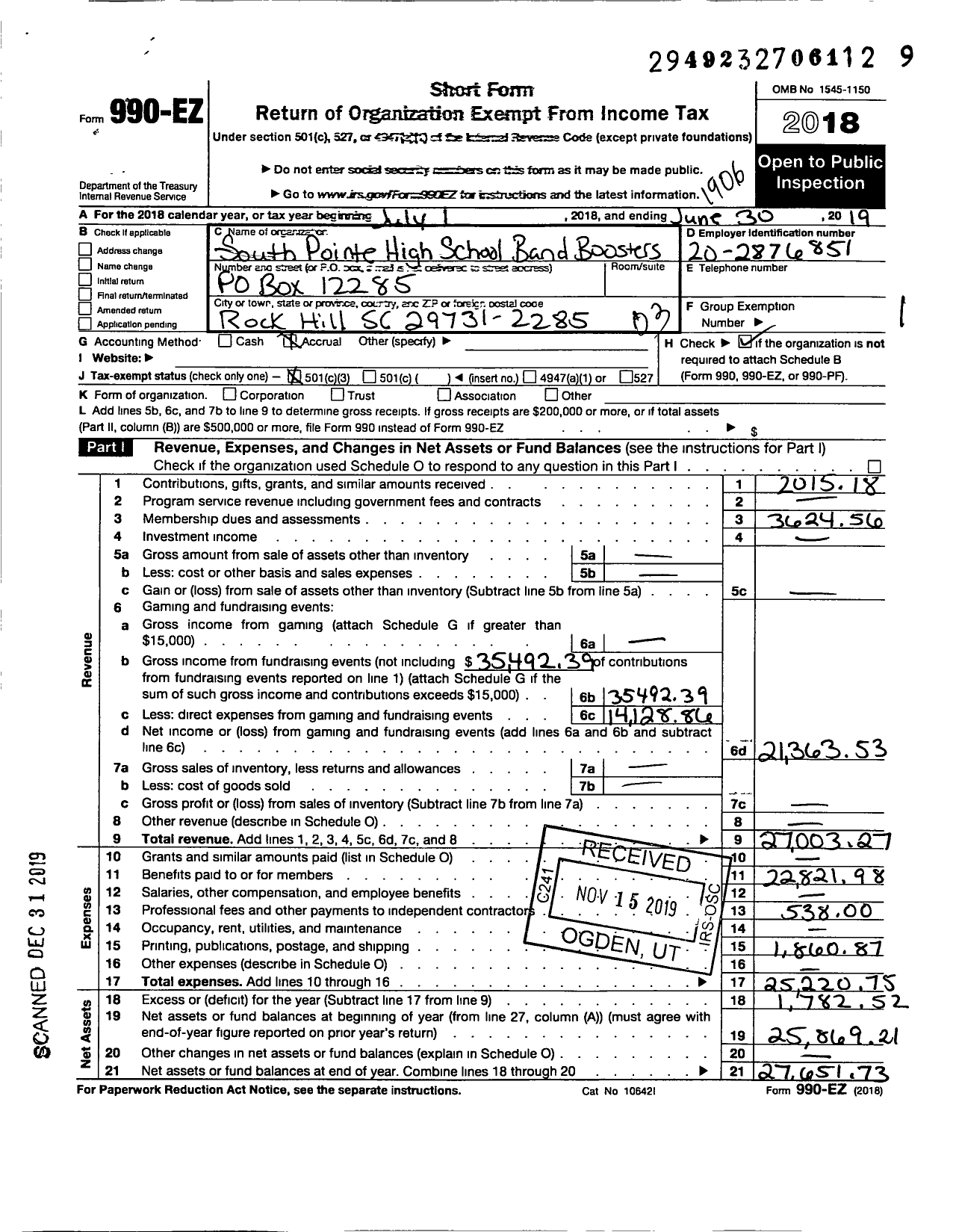 Image of first page of 2018 Form 990EZ for South Pointe High School Band Boosters Organization