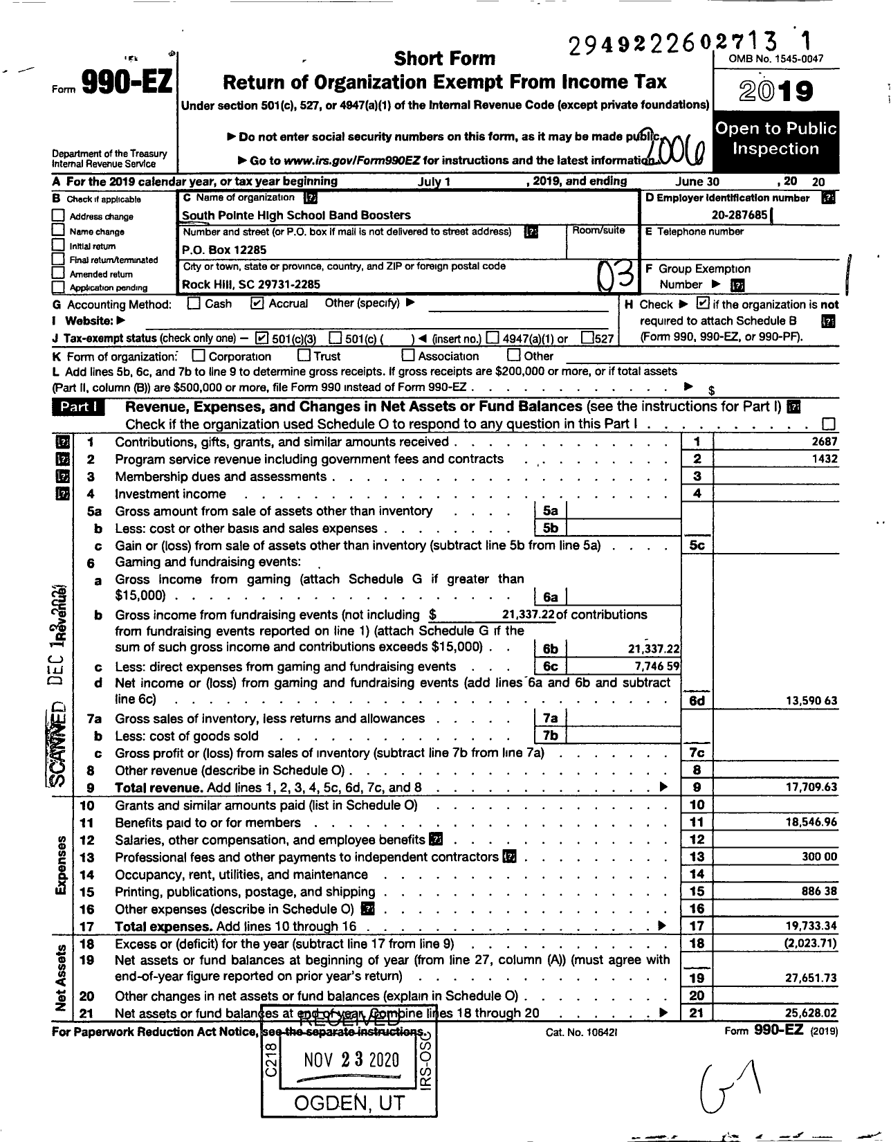 Image of first page of 2019 Form 990EZ for South Pointe High School Band Boosters Organization