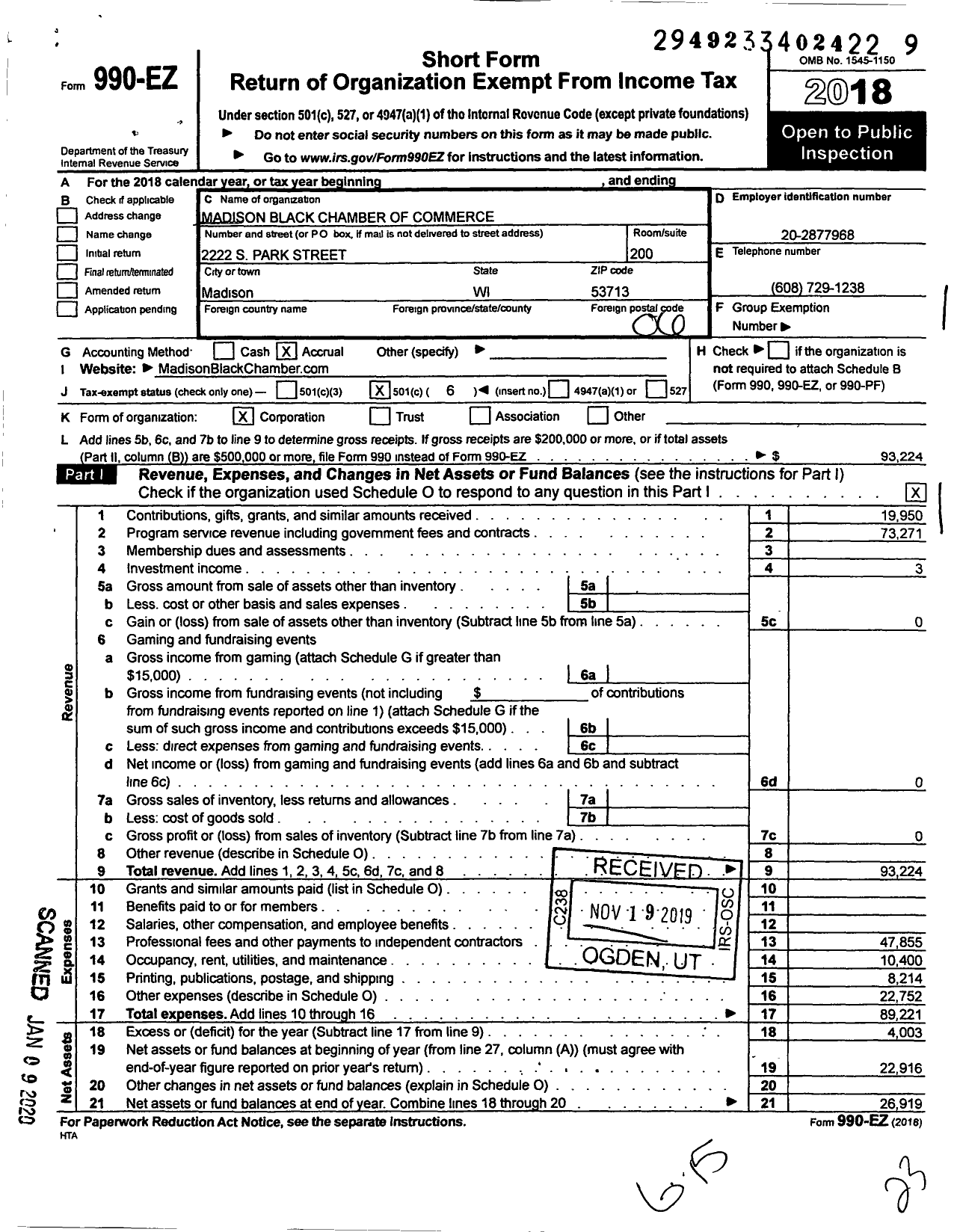 Image of first page of 2018 Form 990EO for Madison Black Chamber of Commerce