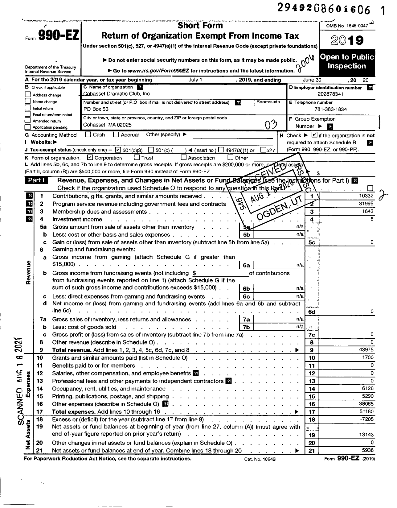 Image of first page of 2019 Form 990EZ for Cohasset Dramatic Club