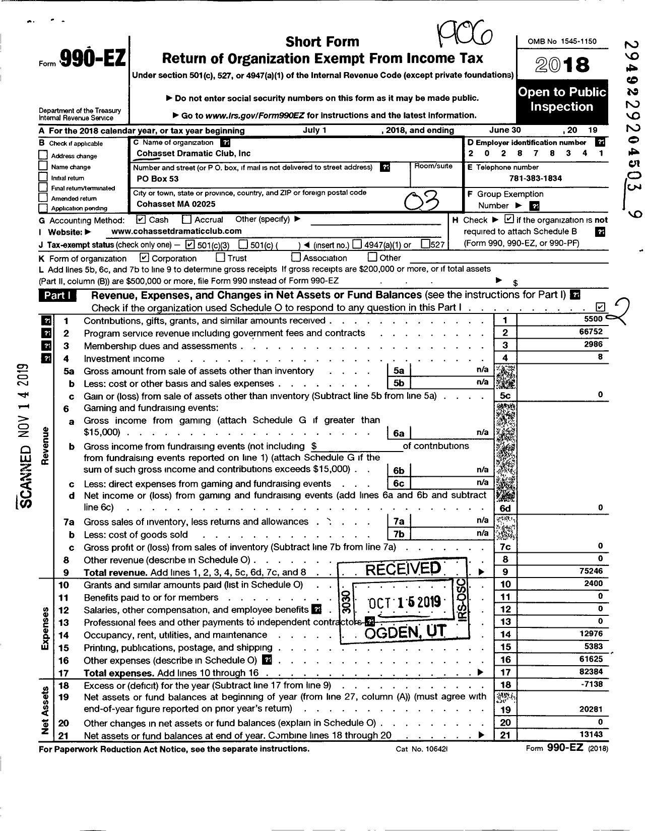 Image of first page of 2018 Form 990EZ for Cohasset Dramatic Club