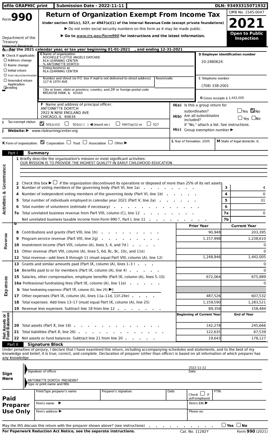 Image of first page of 2021 Form 990 for Rochelle's Little Angels Daycare Rla Learning Center