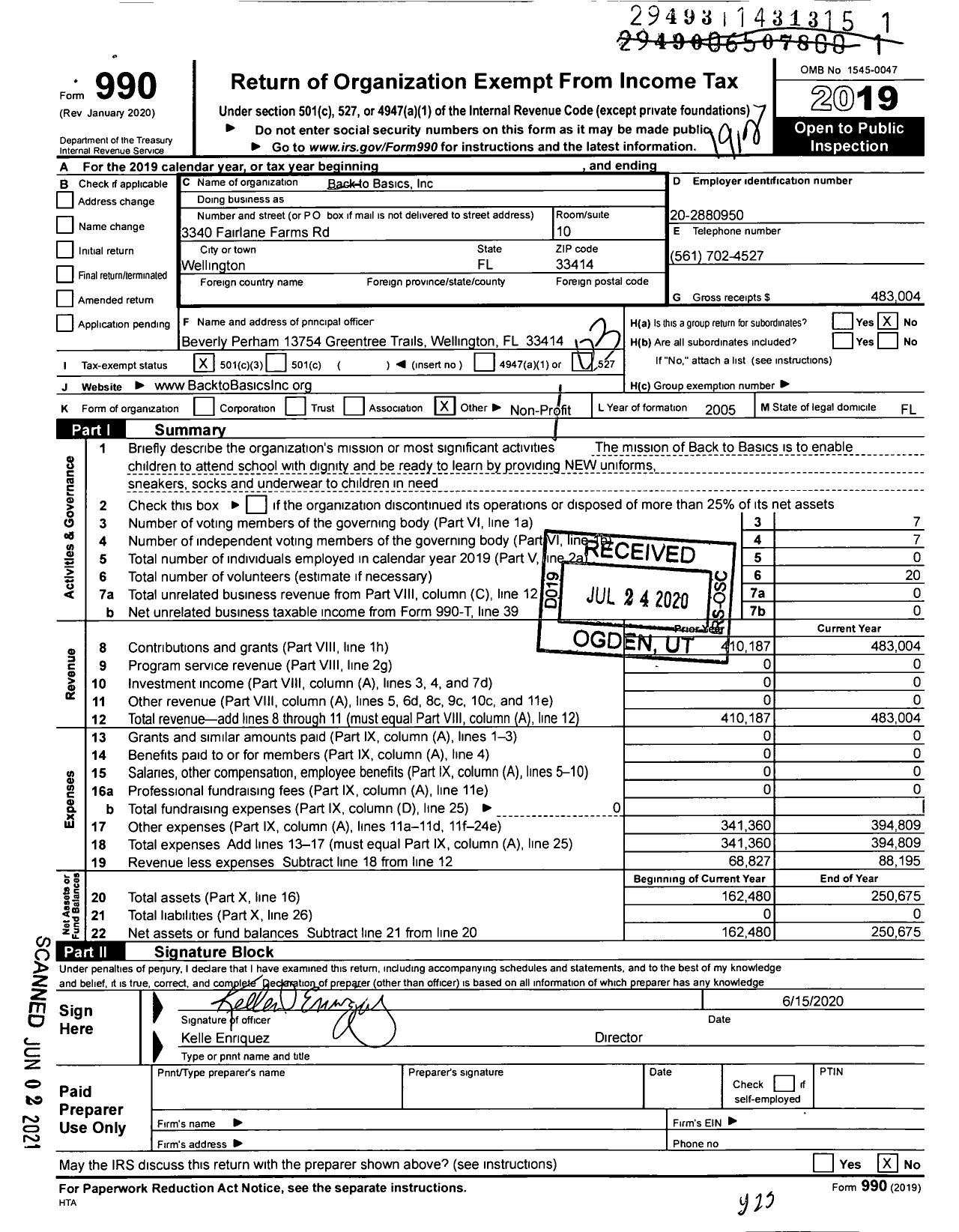 Image of first page of 2019 Form 990 for Back to Basics