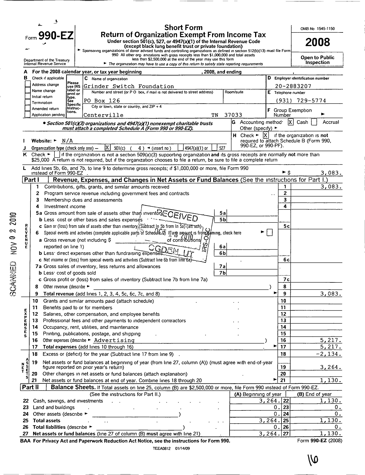 Image of first page of 2008 Form 990EO for Grinders Switch Foundation