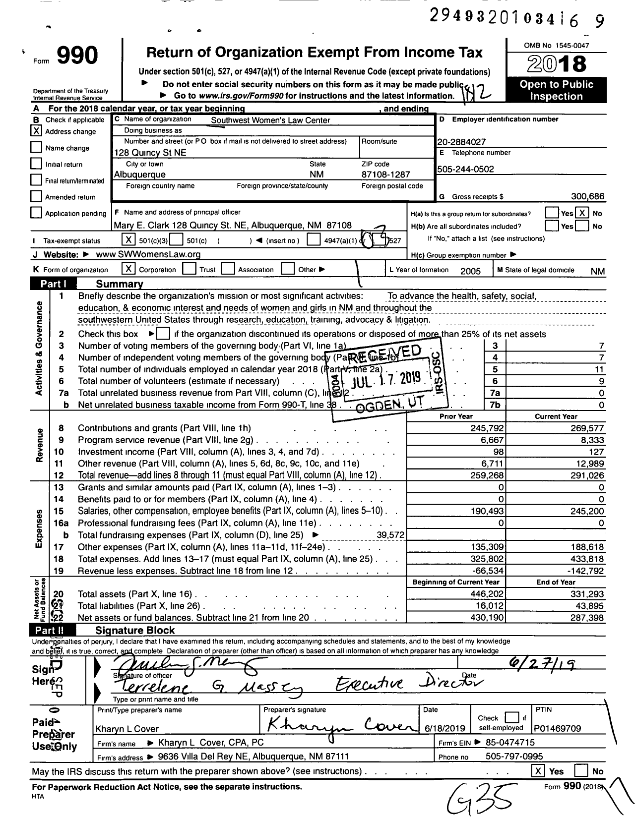 Image of first page of 2018 Form 990 for Southwest Women's Law Center