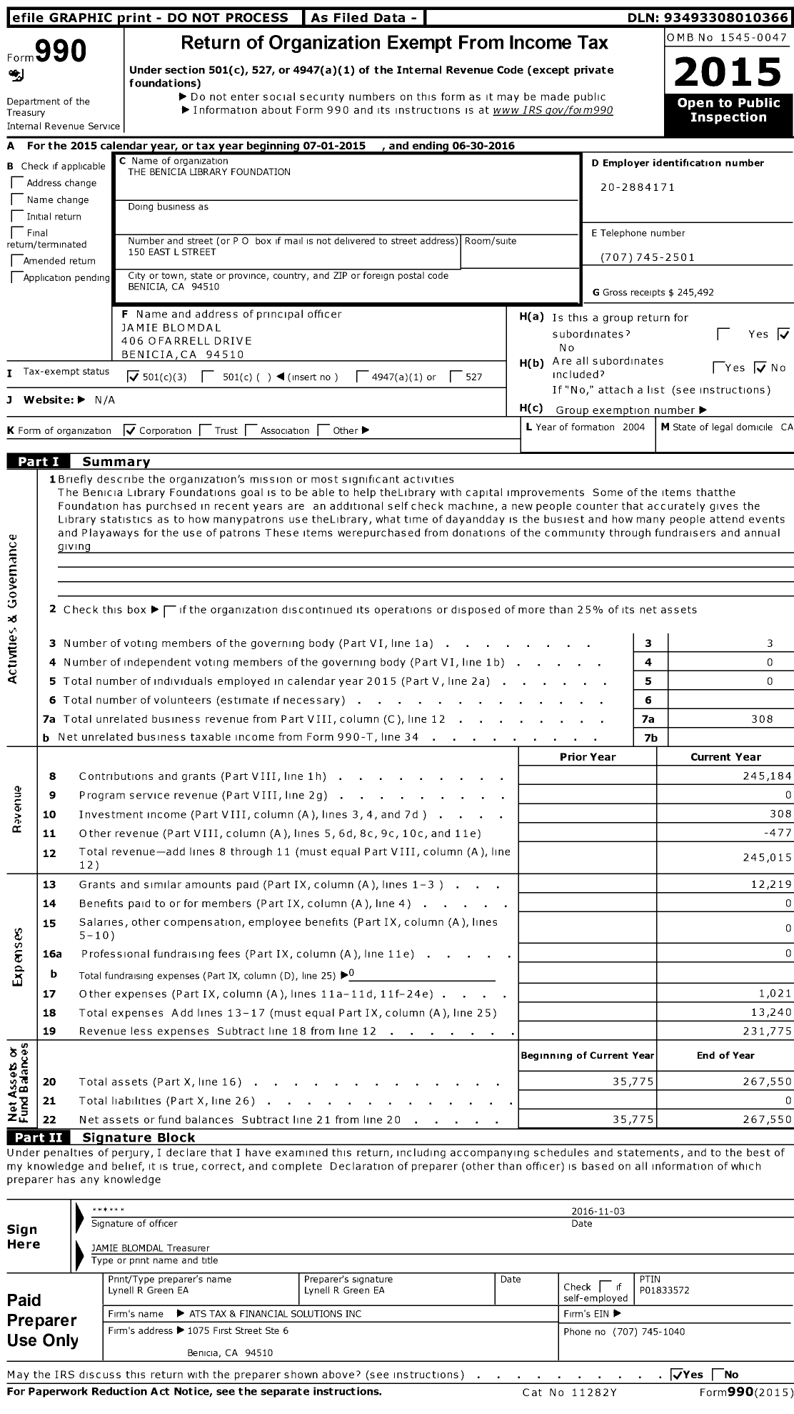 Image of first page of 2015 Form 990 for Benicia Library Foundation