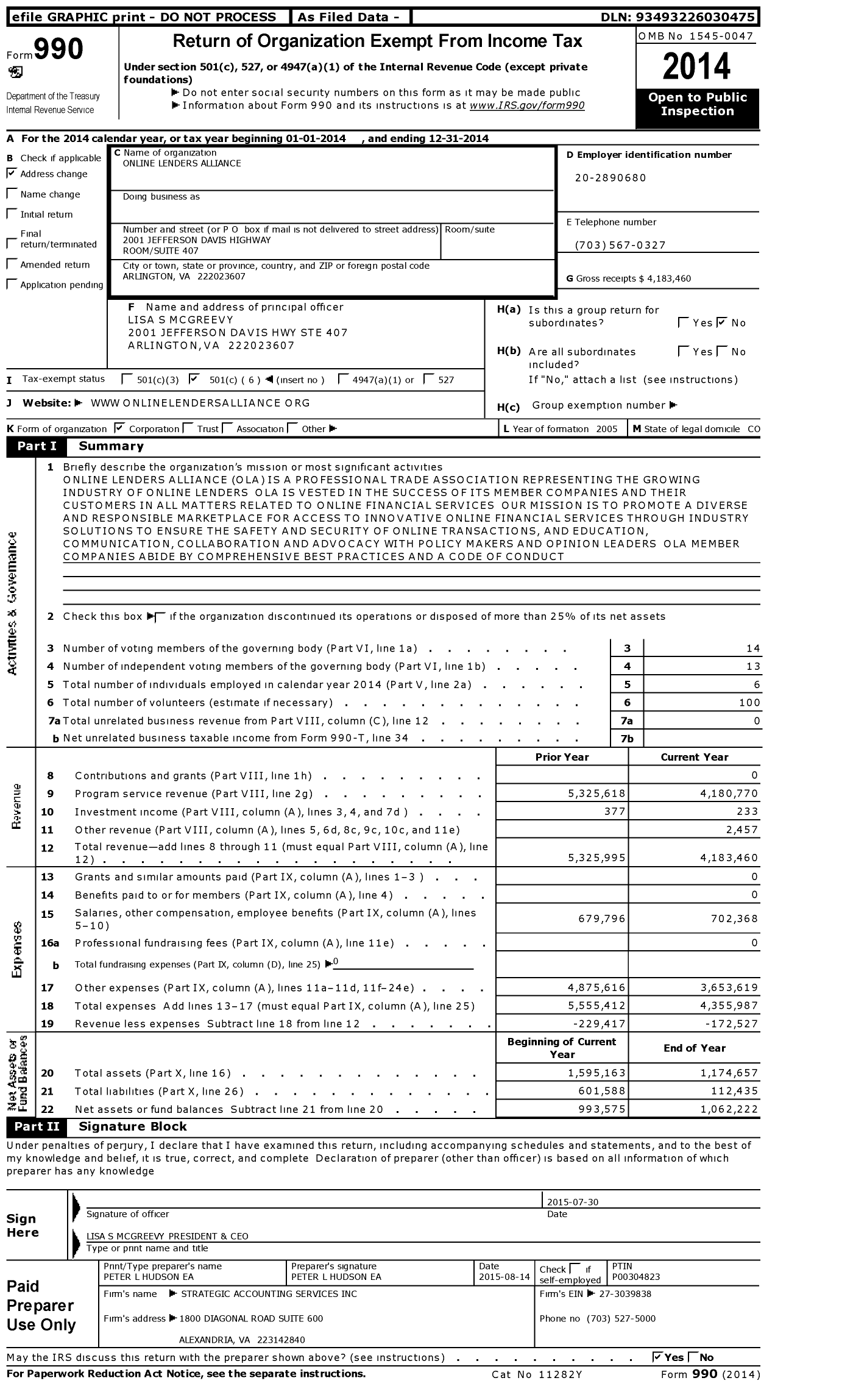 Image of first page of 2014 Form 990O for Online Lenders Alliance (OLA)